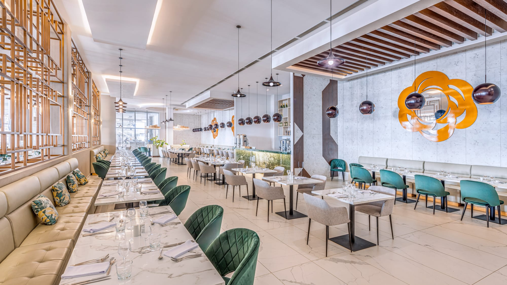 a restaurant with tables and chairs