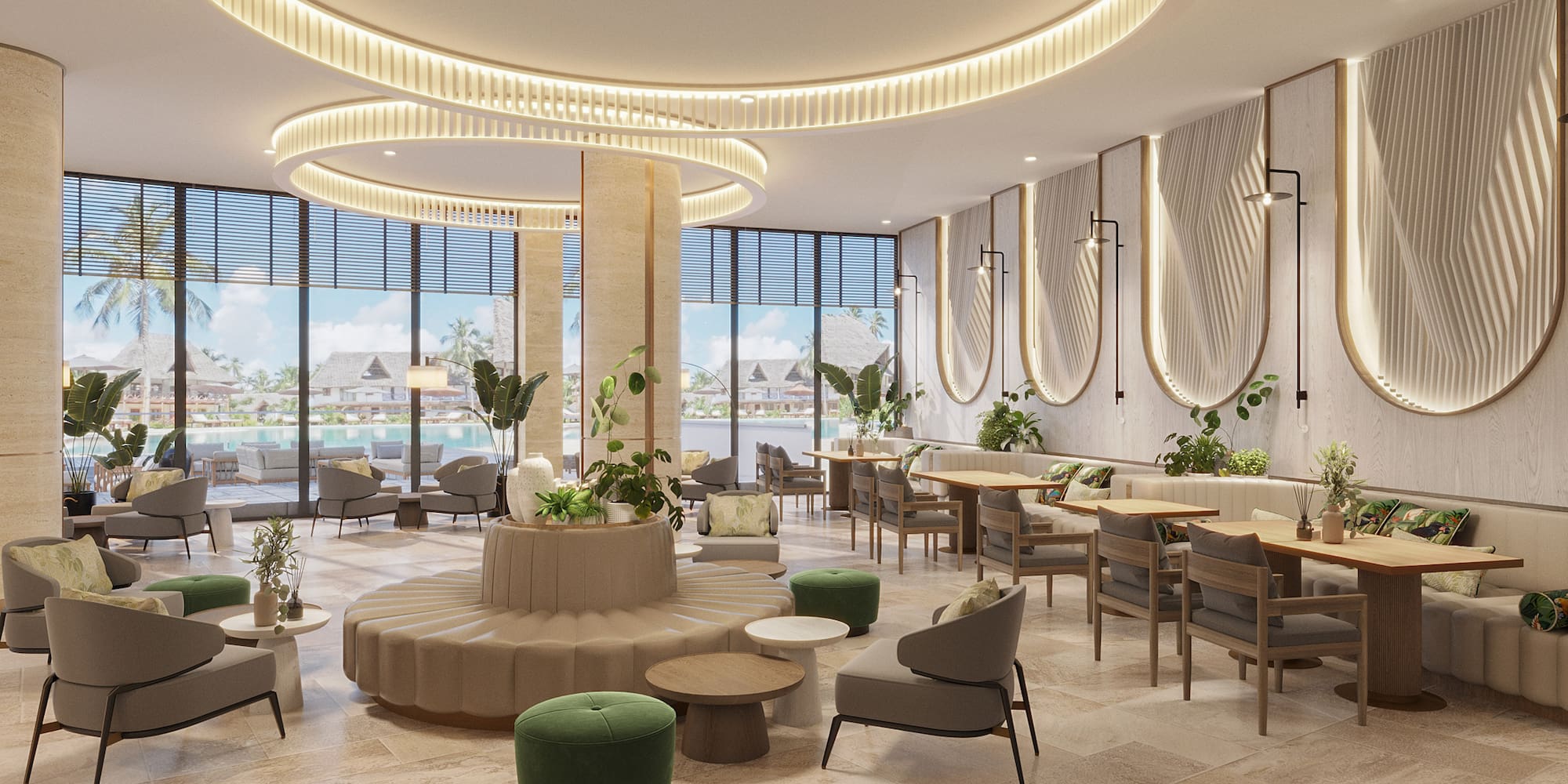 a room with a round table and chairs