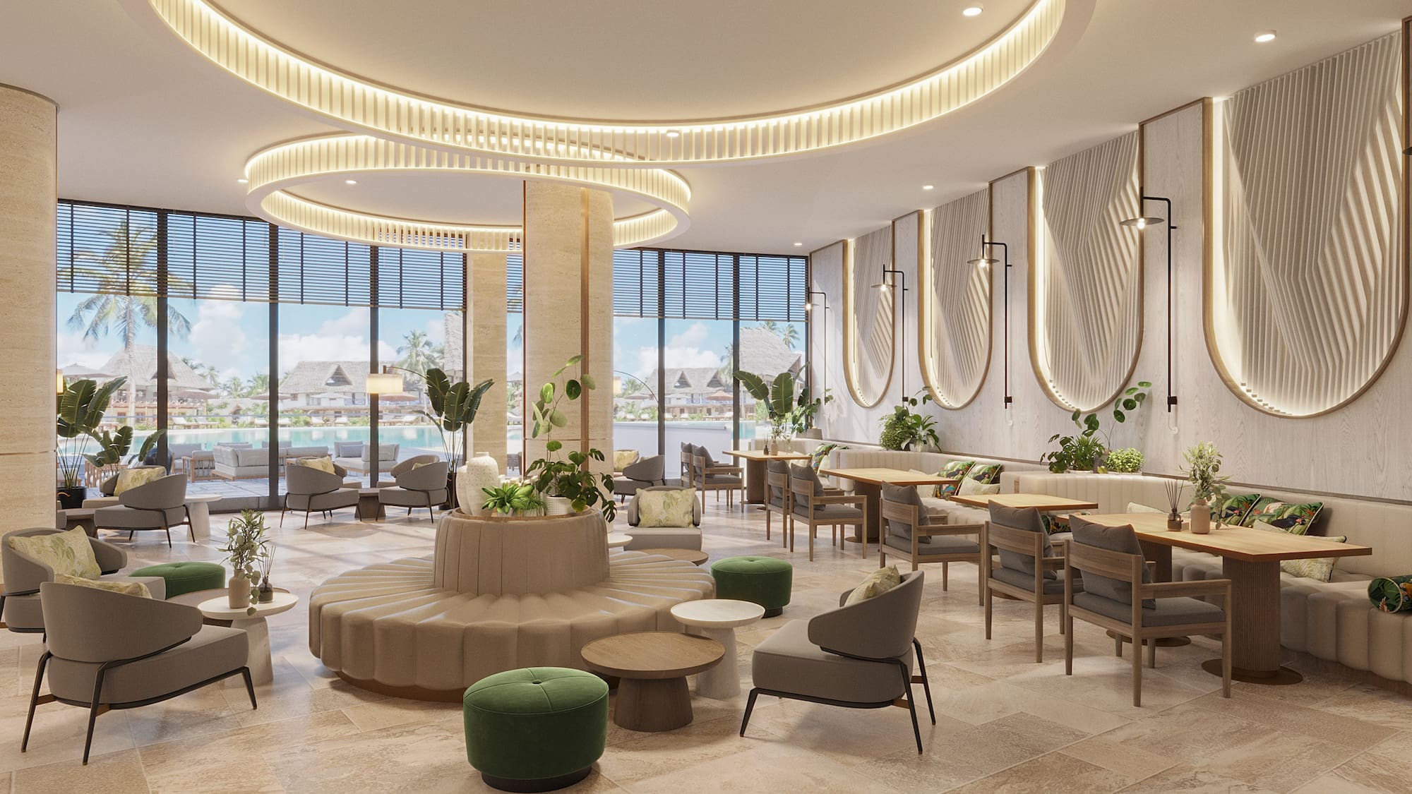 a room with a round table and chairs