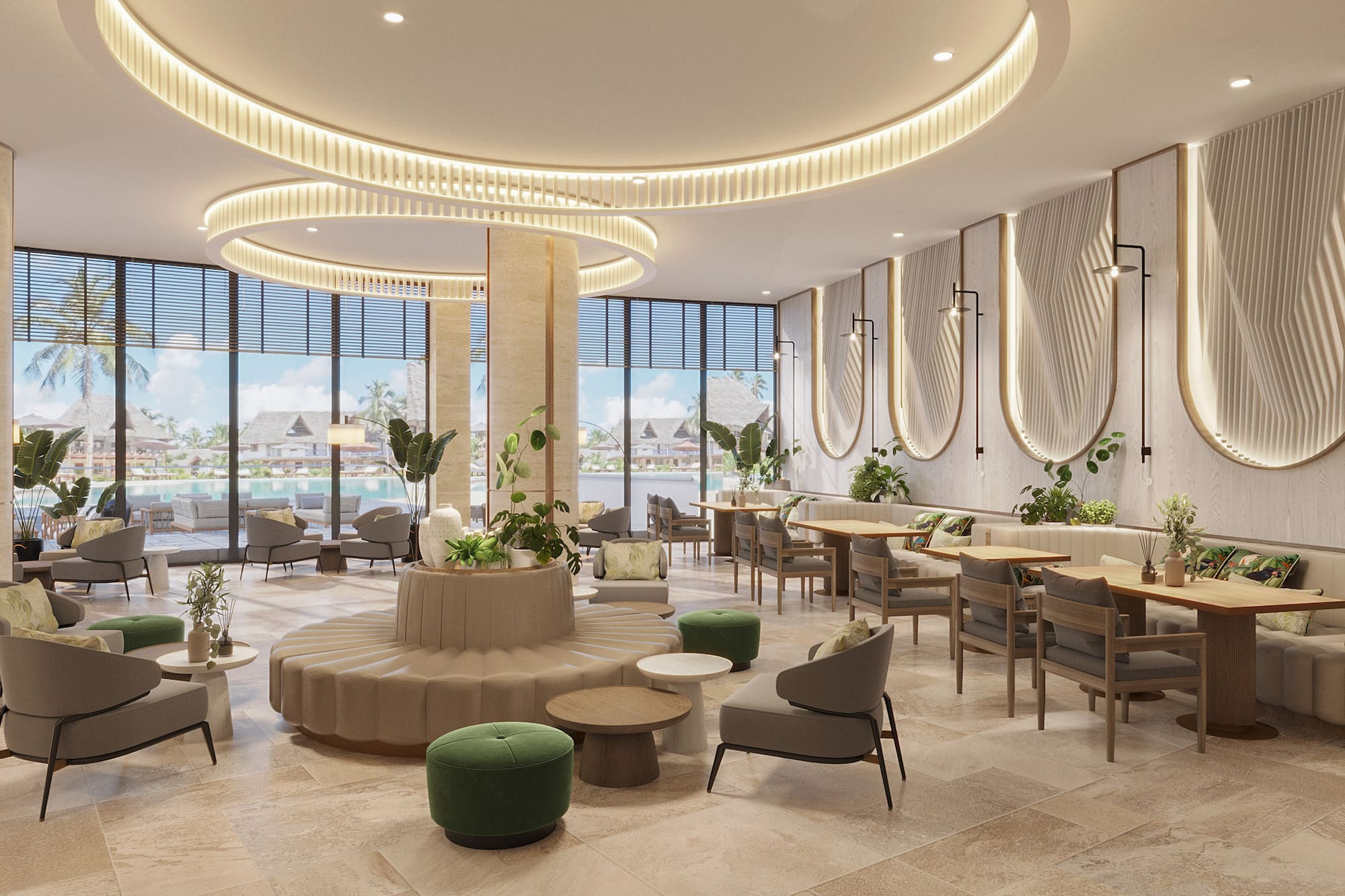 a room with a round table and chairs