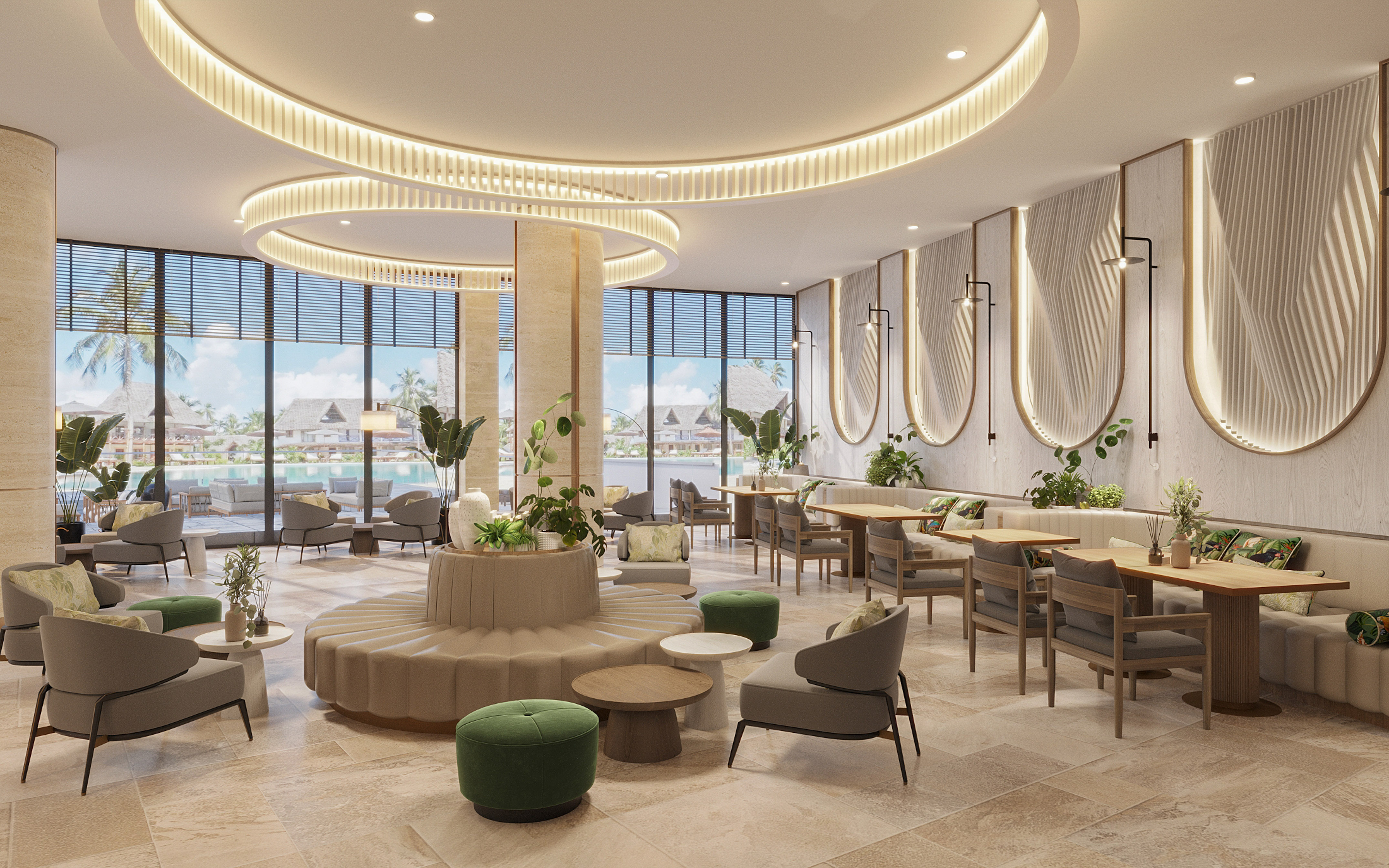 Modern resort lounge with varied seating, tropical view, and lush plants.