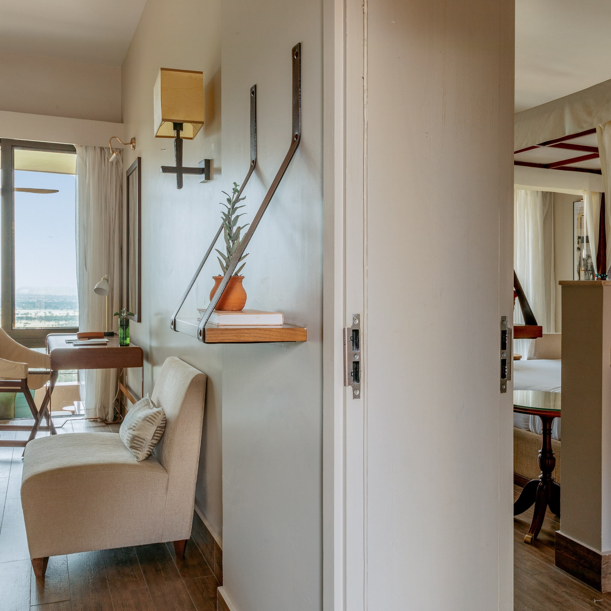 a room with a chair and a table