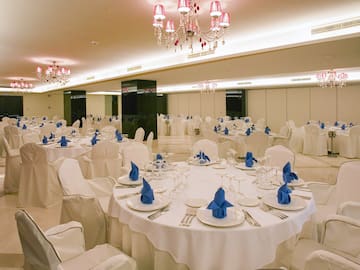 a room with tables and chairs