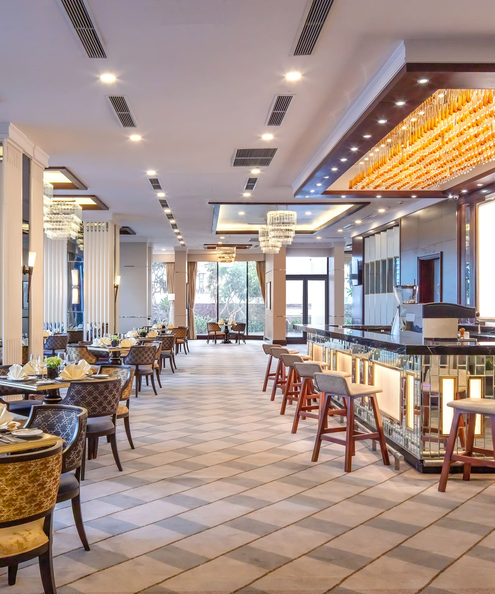 a restaurant with tables and chairs