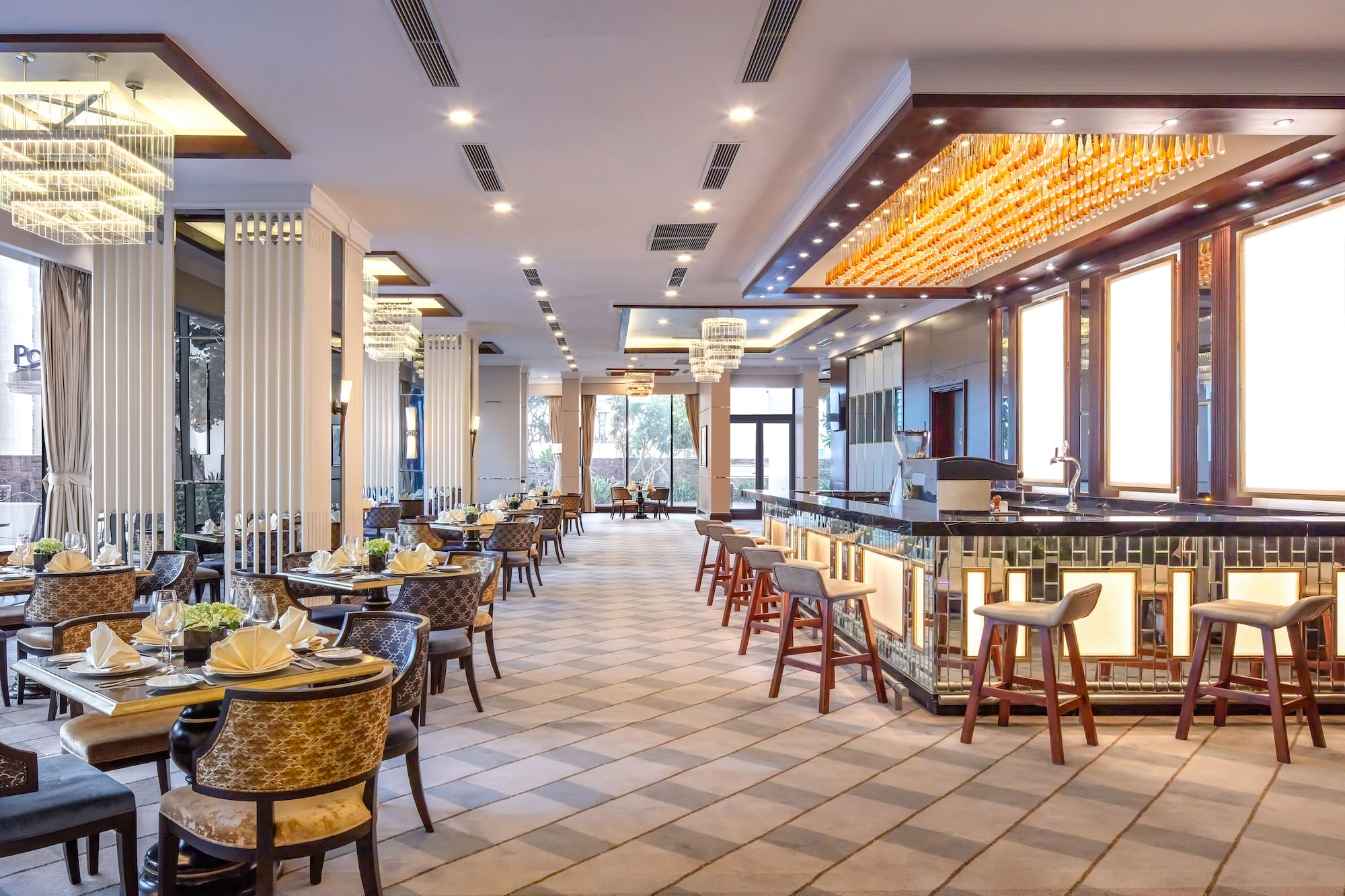 a restaurant with tables and chairs