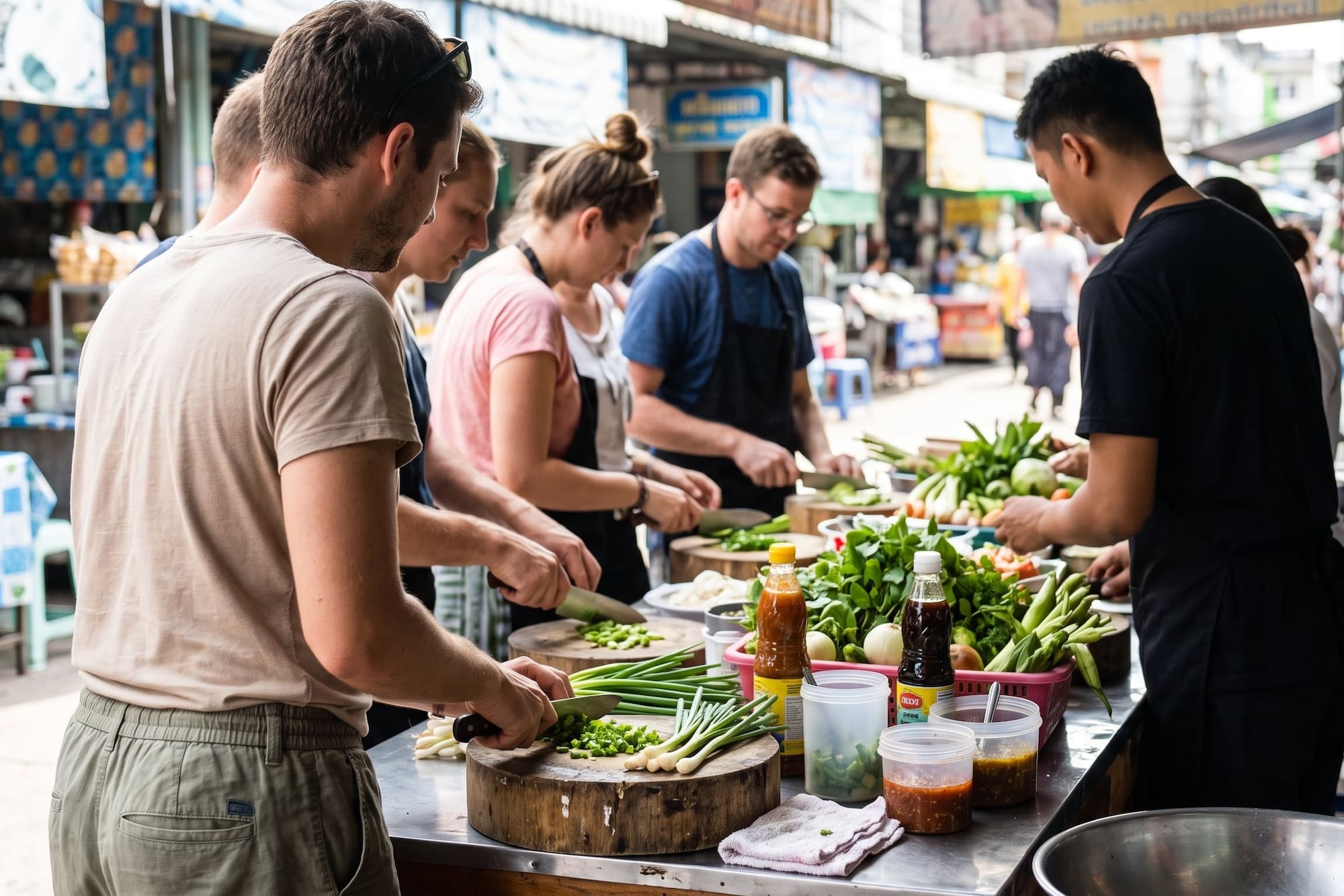 Thai cooking class outdoors, group chopping fresh vegetables at a market.