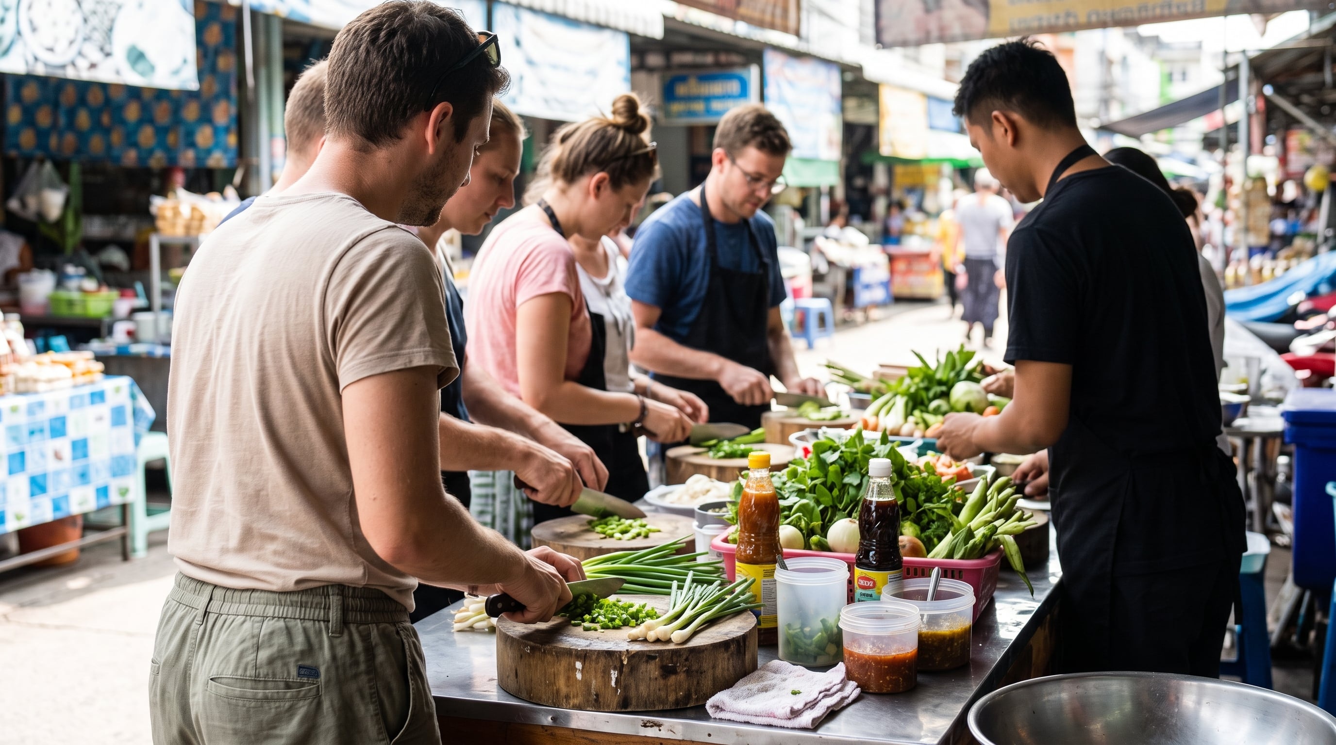 Thai cooking class outdoors, group chopping fresh vegetables at a market.