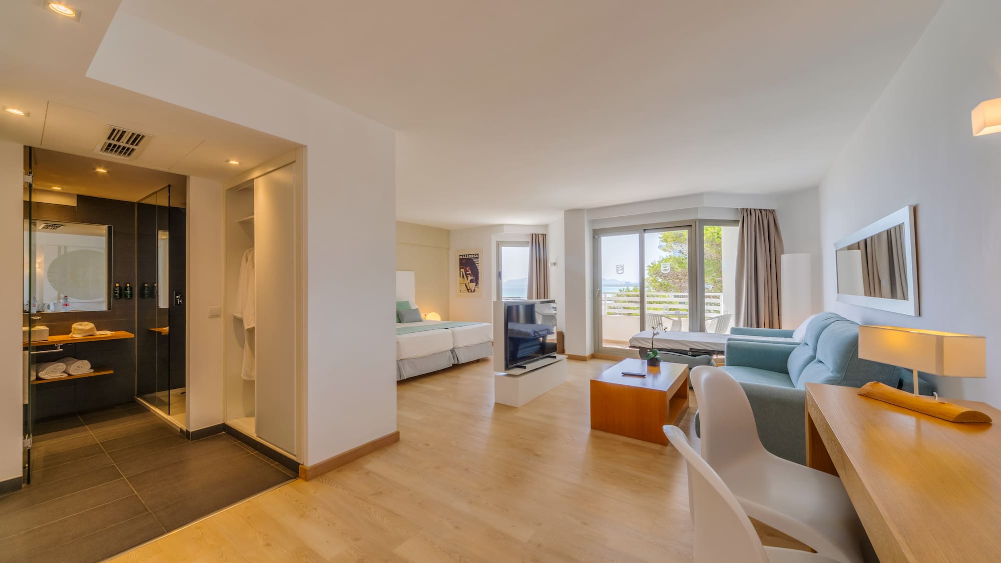 a room with a television and a couch