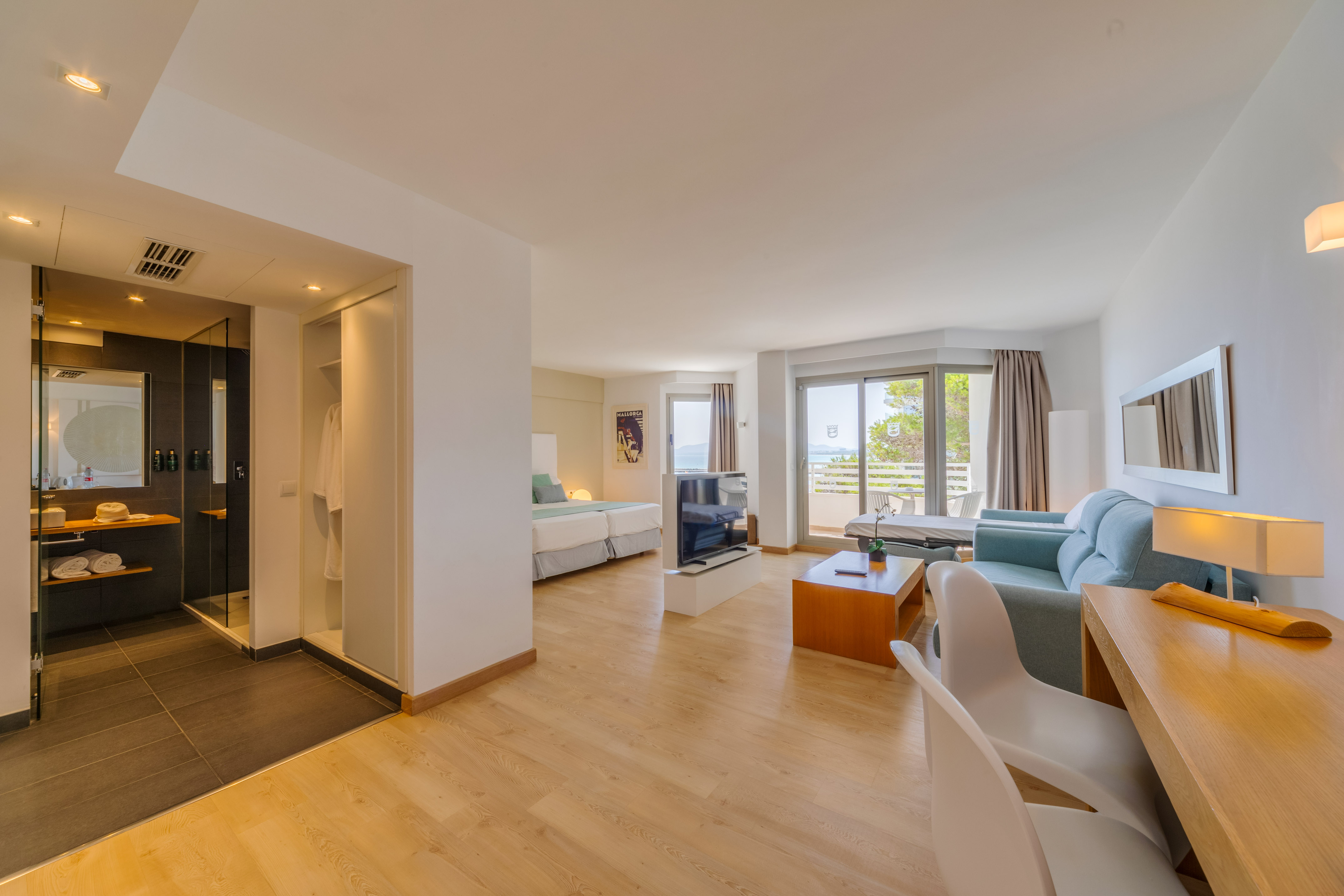 a room with a television and a couch