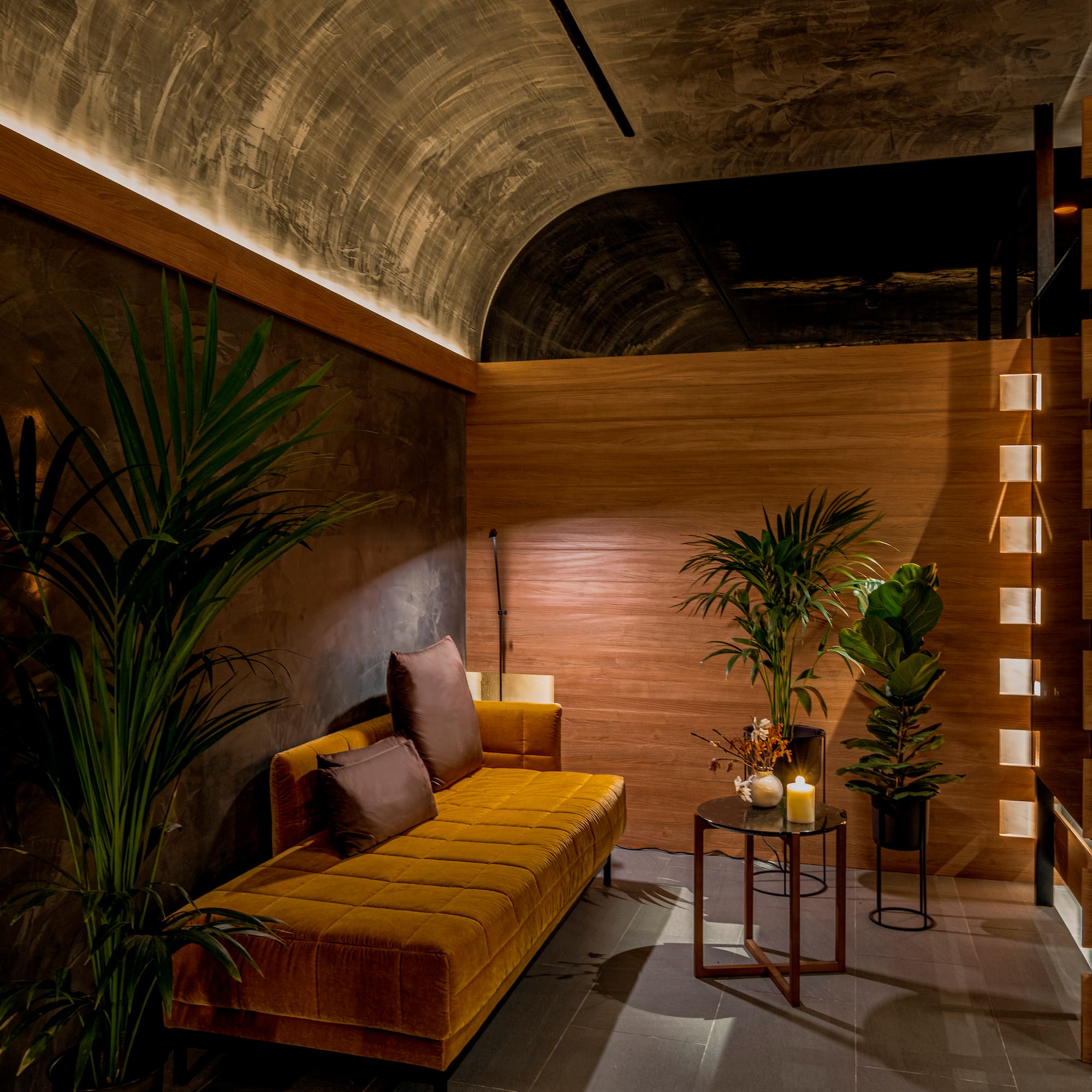 a room with a couch and plants