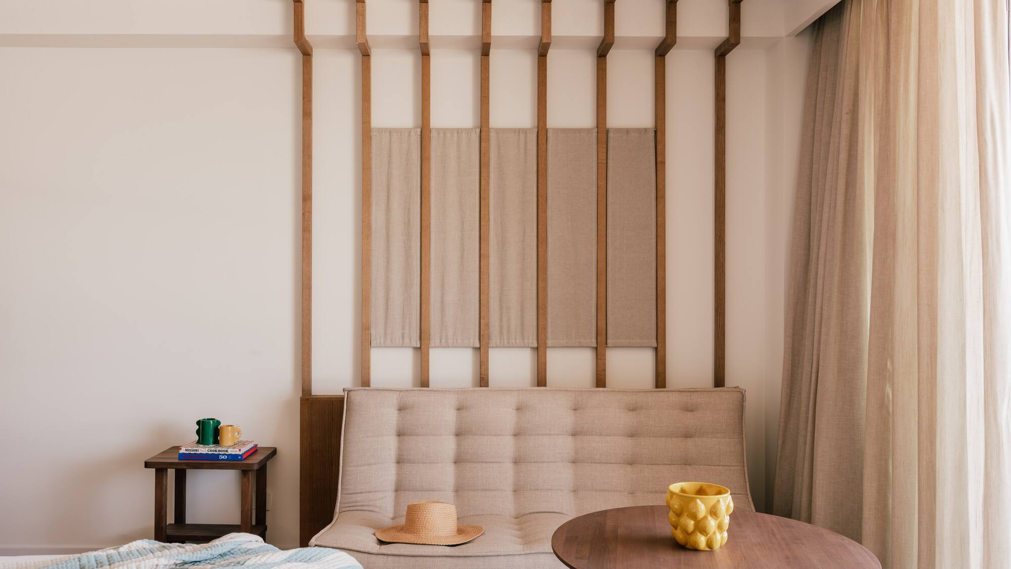 a room with a couch and a table