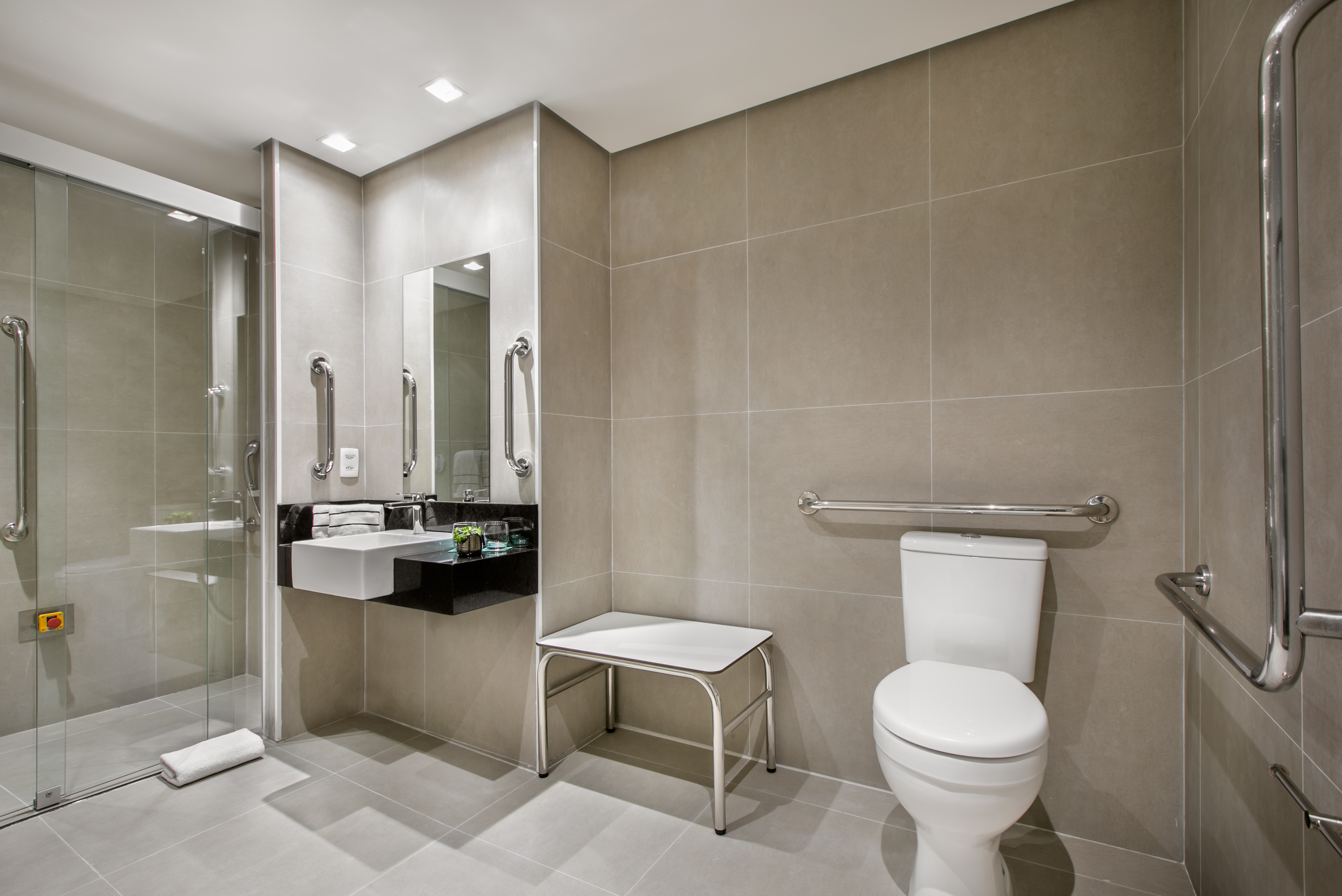 Accessible bathroom with shower, sink, toilet, and grab bars.