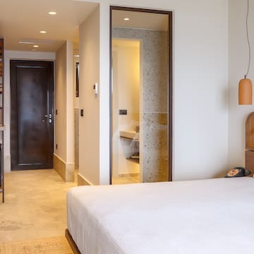 a bedroom with a bed and a door