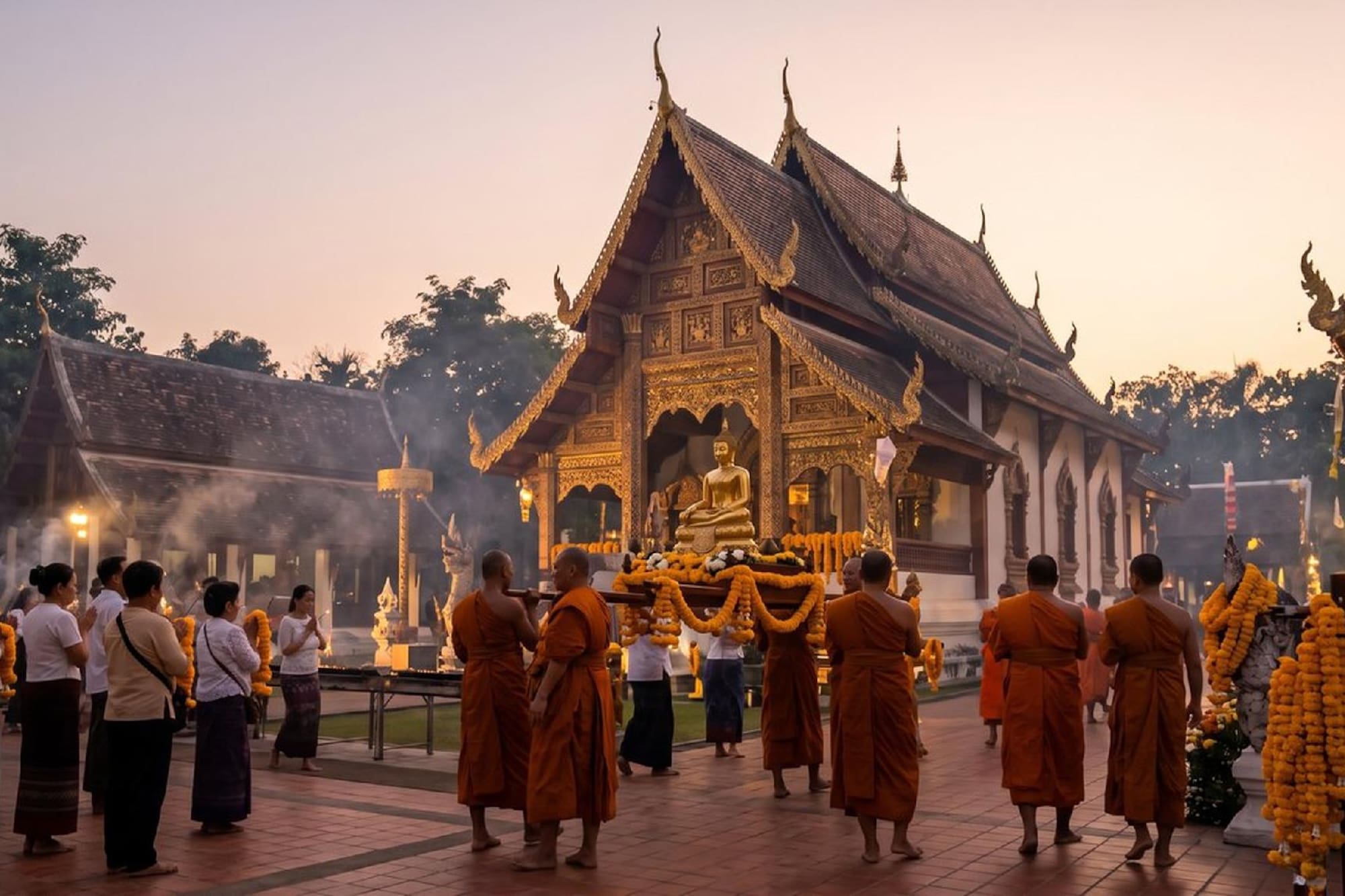 Thai monks carry golden Buddha statue in temple procession.