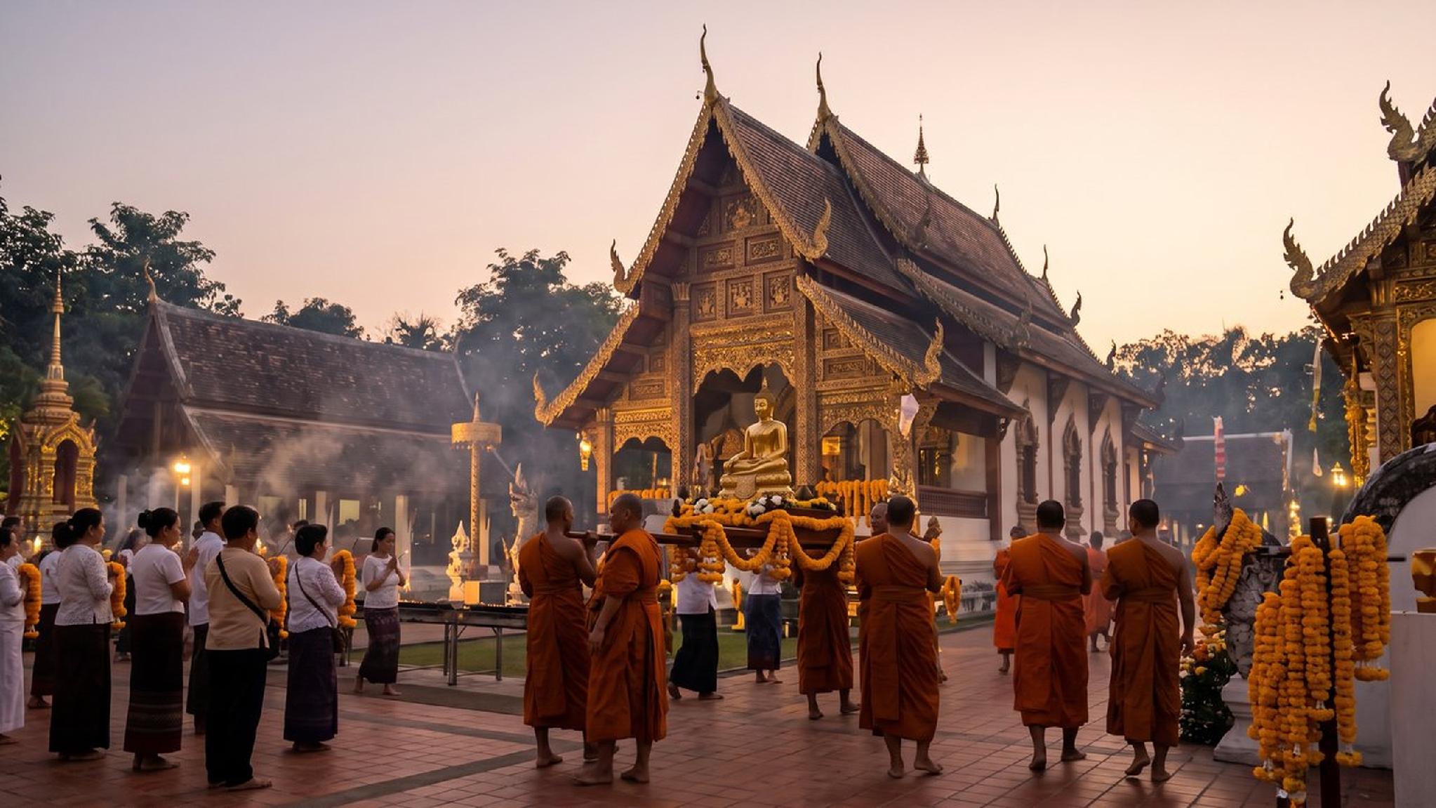 Thai monks carry golden Buddha statue in temple procession.
