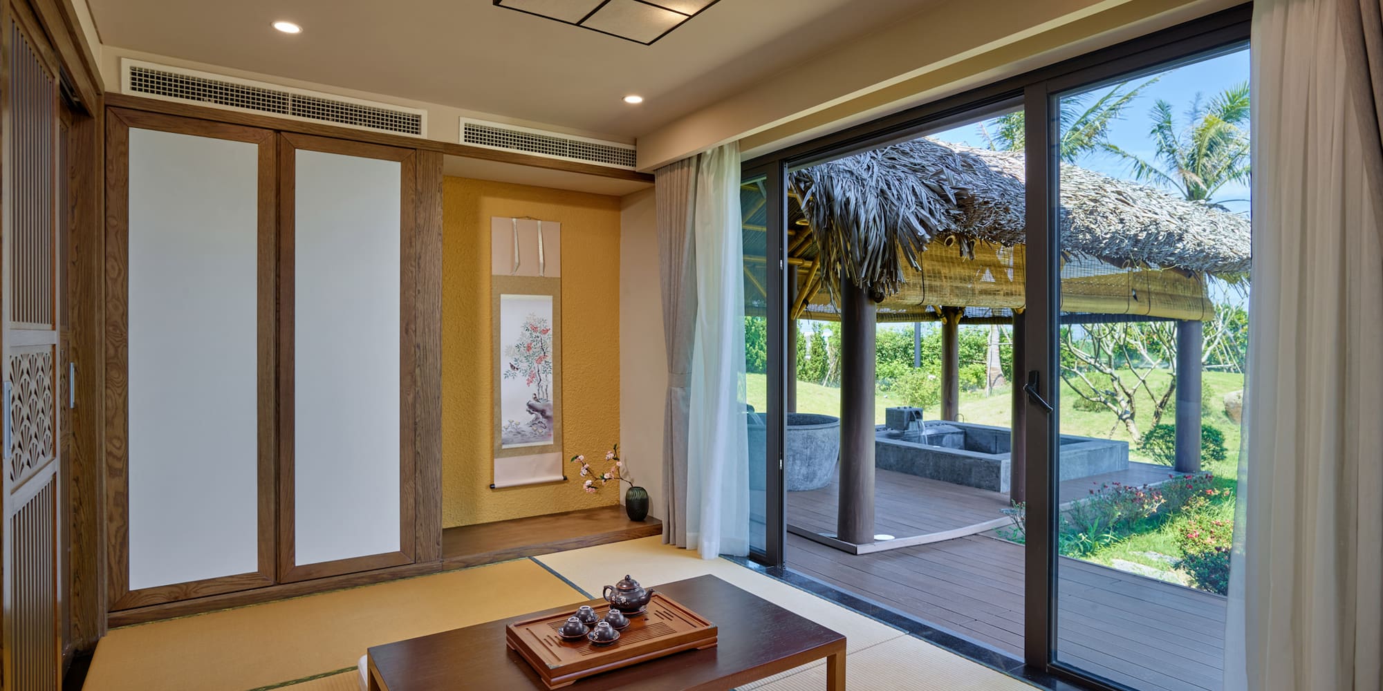 a room with a table and chairs