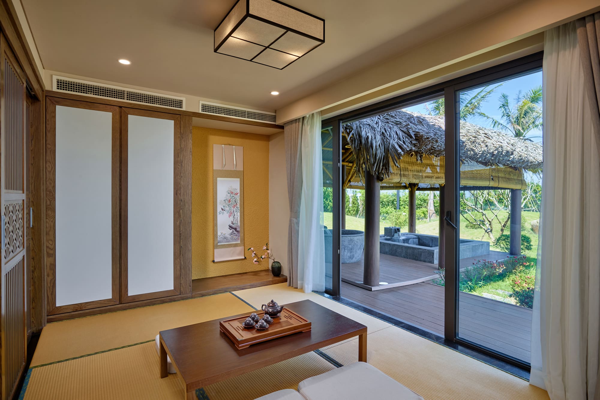 a room with a table and chairs