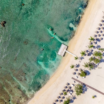 a beach with a dock and umbrellas