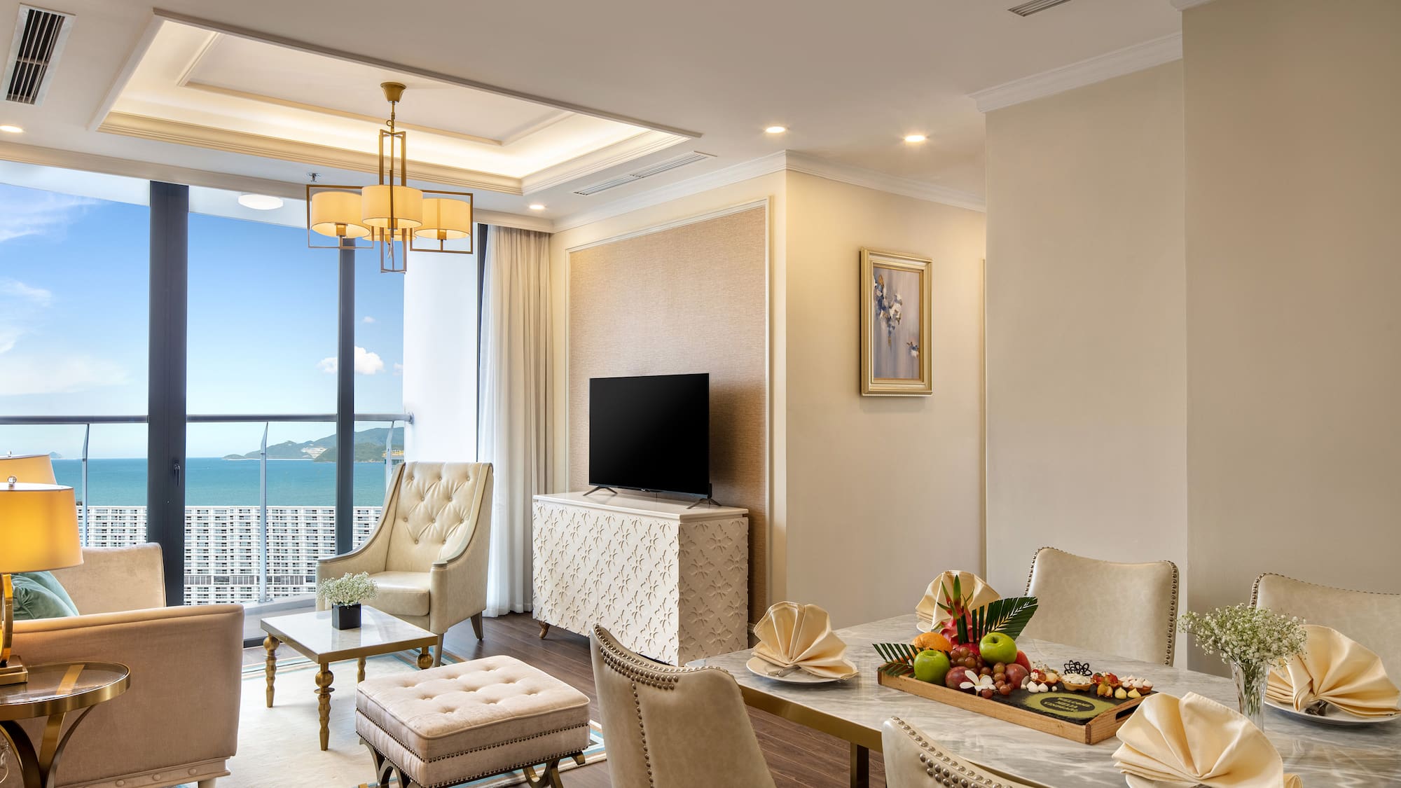 a living room with a television and a table