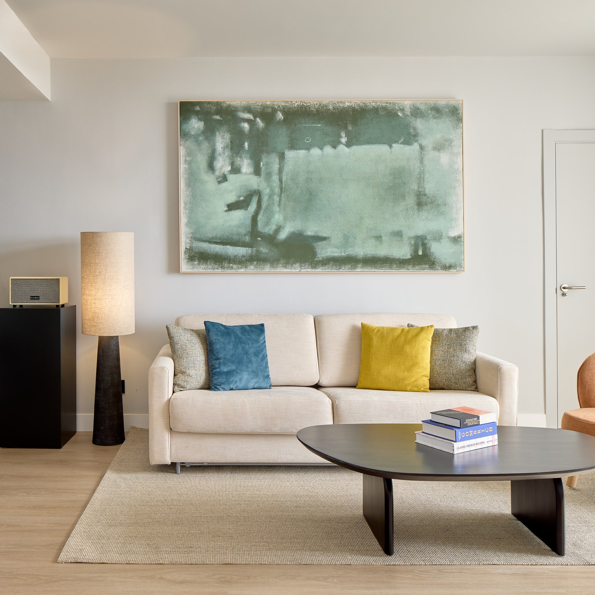 a living room with a couch and a coffee table