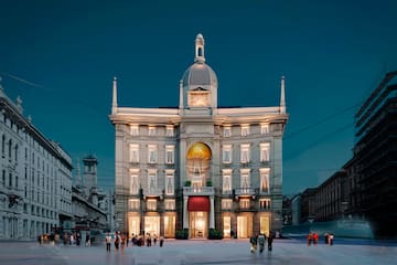 a building with lights on the front