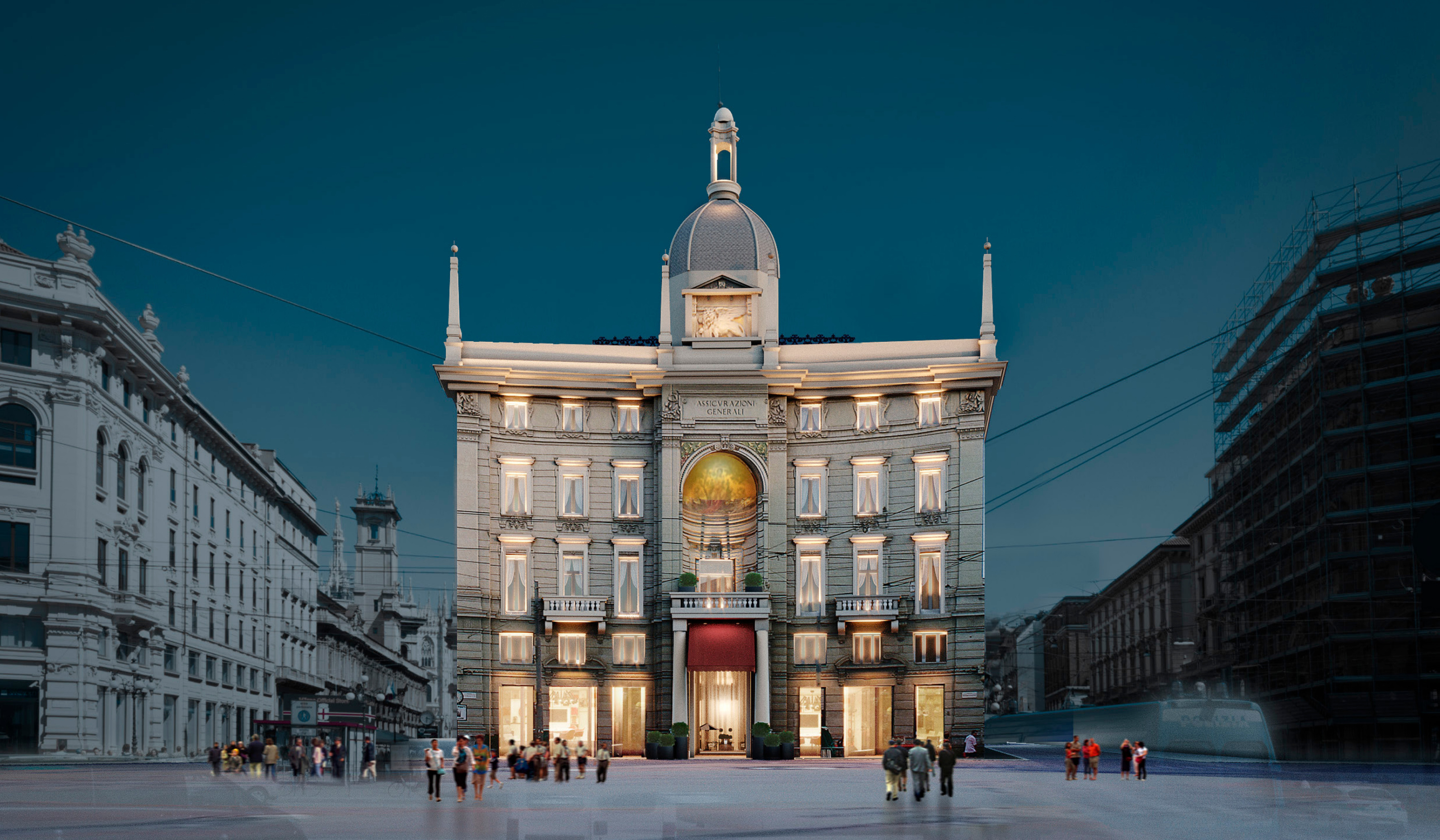 a building with lights on the front