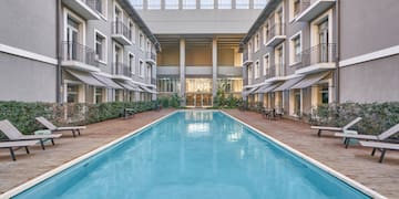 a swimming pool in a building