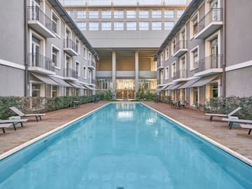 a swimming pool in a building
