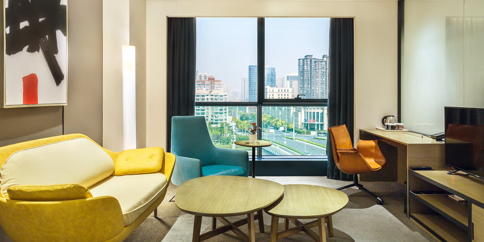 a room with a couch and a table