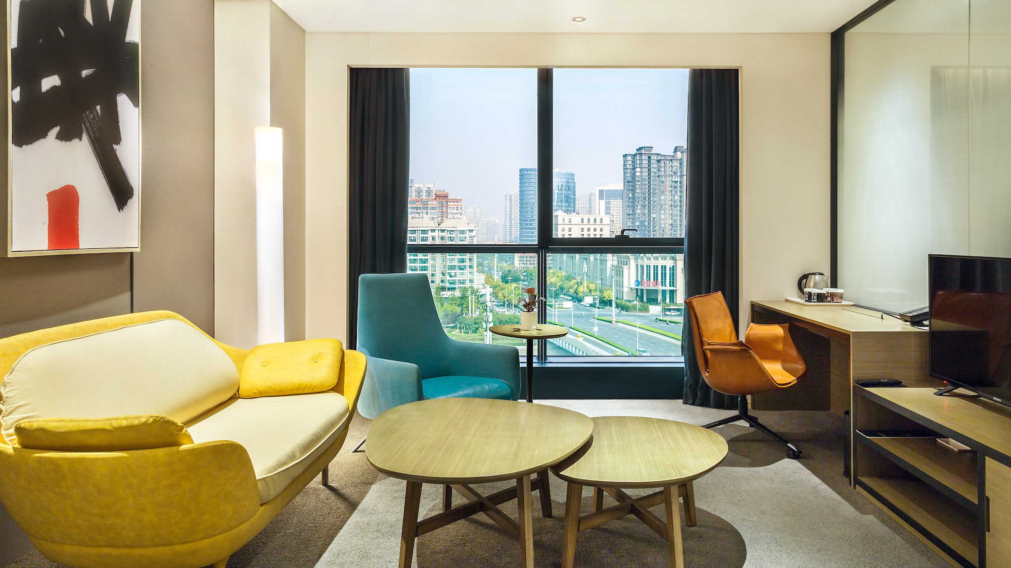 a room with a couch and a table