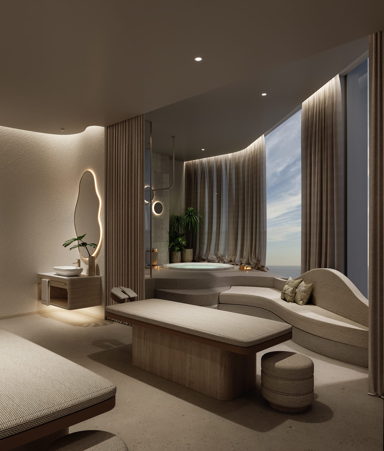 a room with a jacuzzi and a bathtub