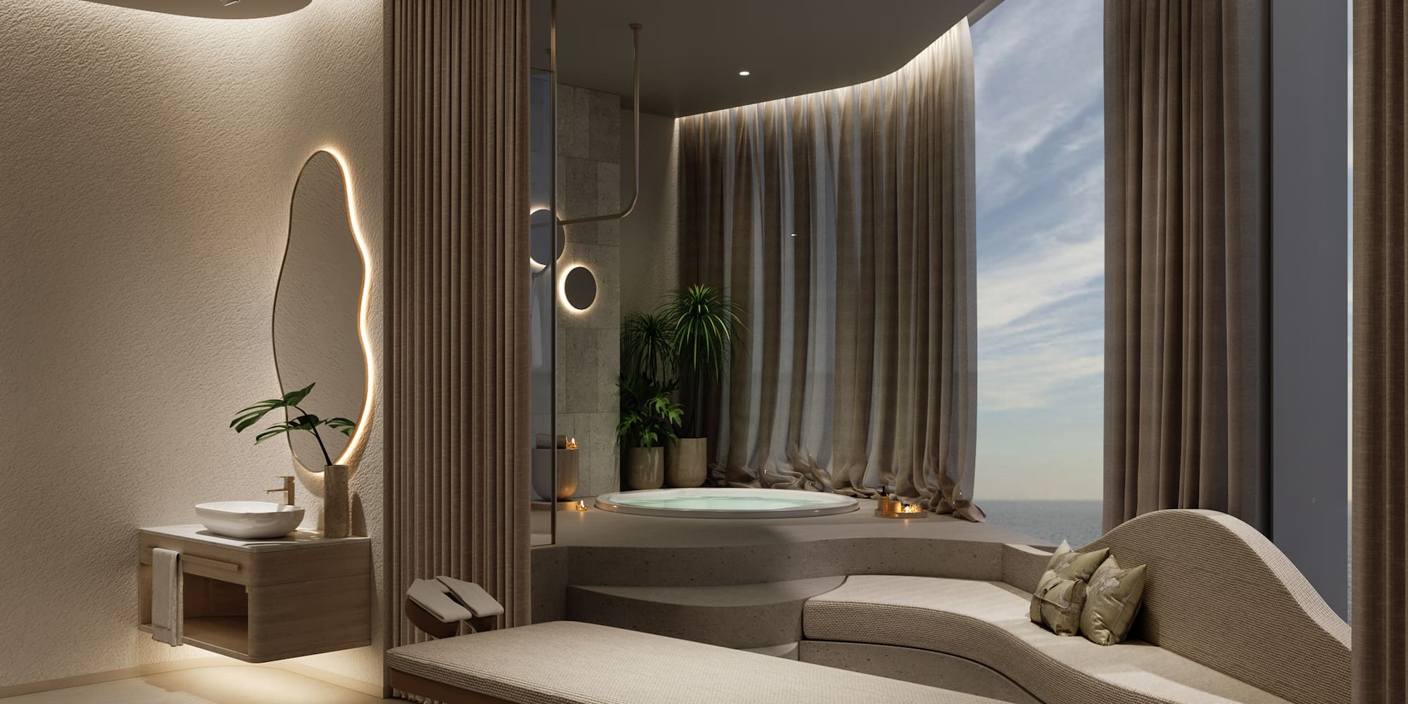a room with a jacuzzi and a bathtub