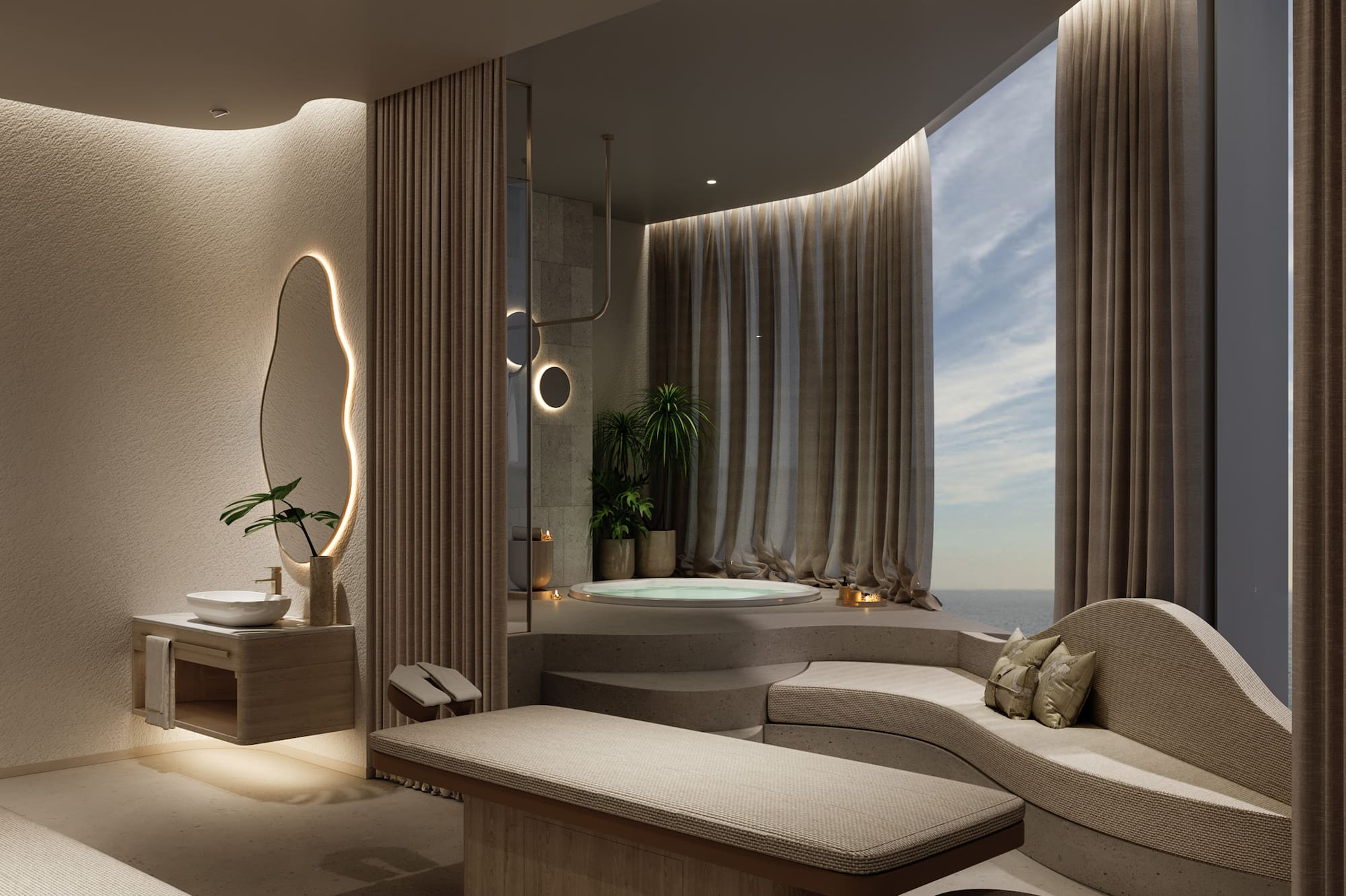 Luxury spa suite with ocean view, jacuzzi, massage beds, and serene lounge area.