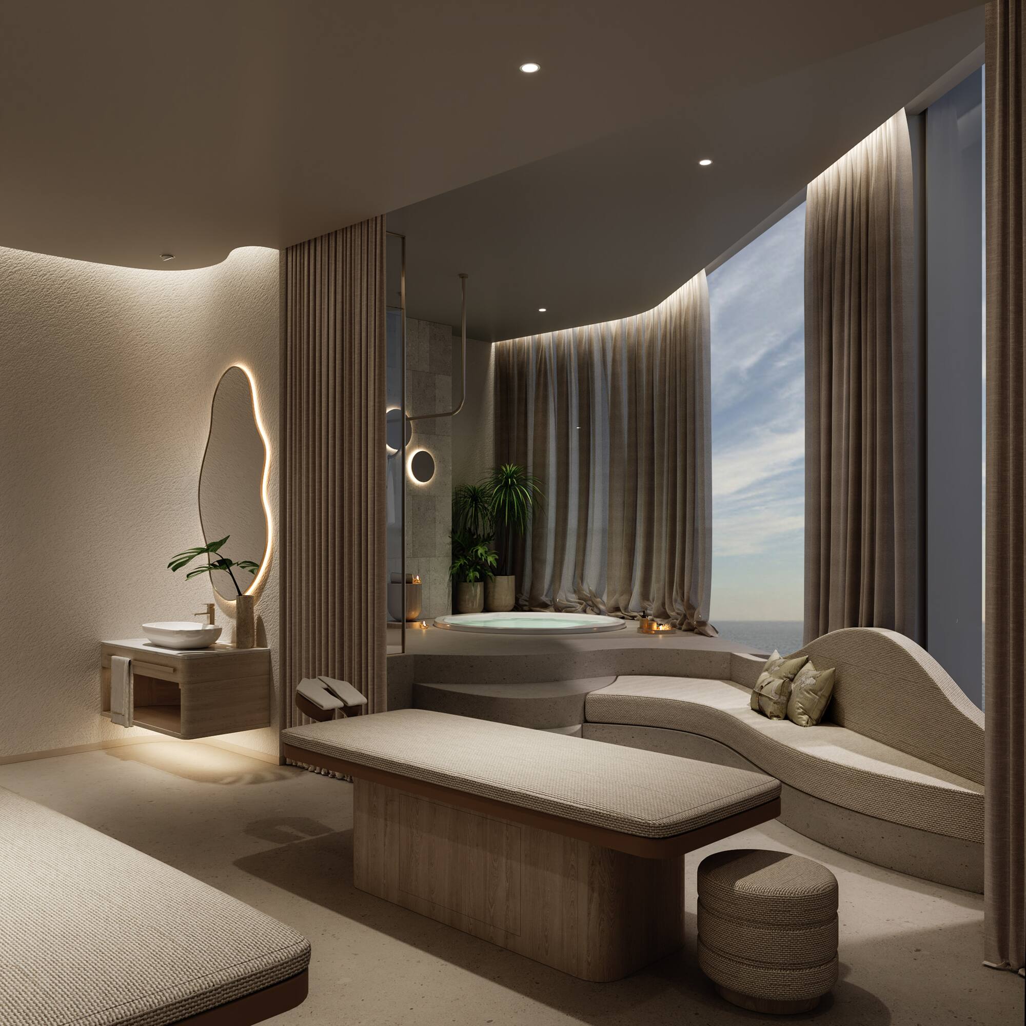 a room with a jacuzzi and a bathtub