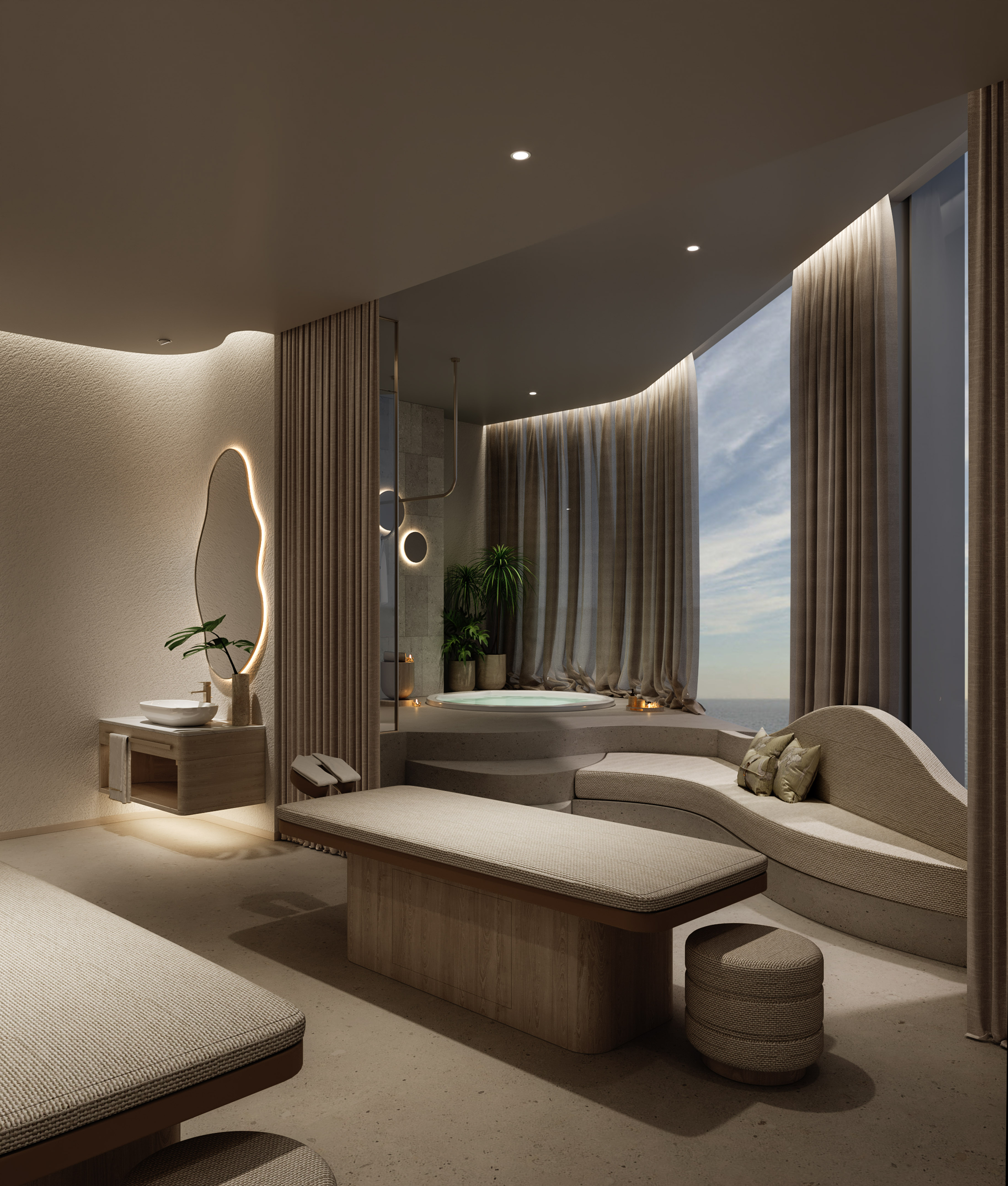 Luxury spa suite with ocean view, jacuzzi, massage beds, and serene lounge area.