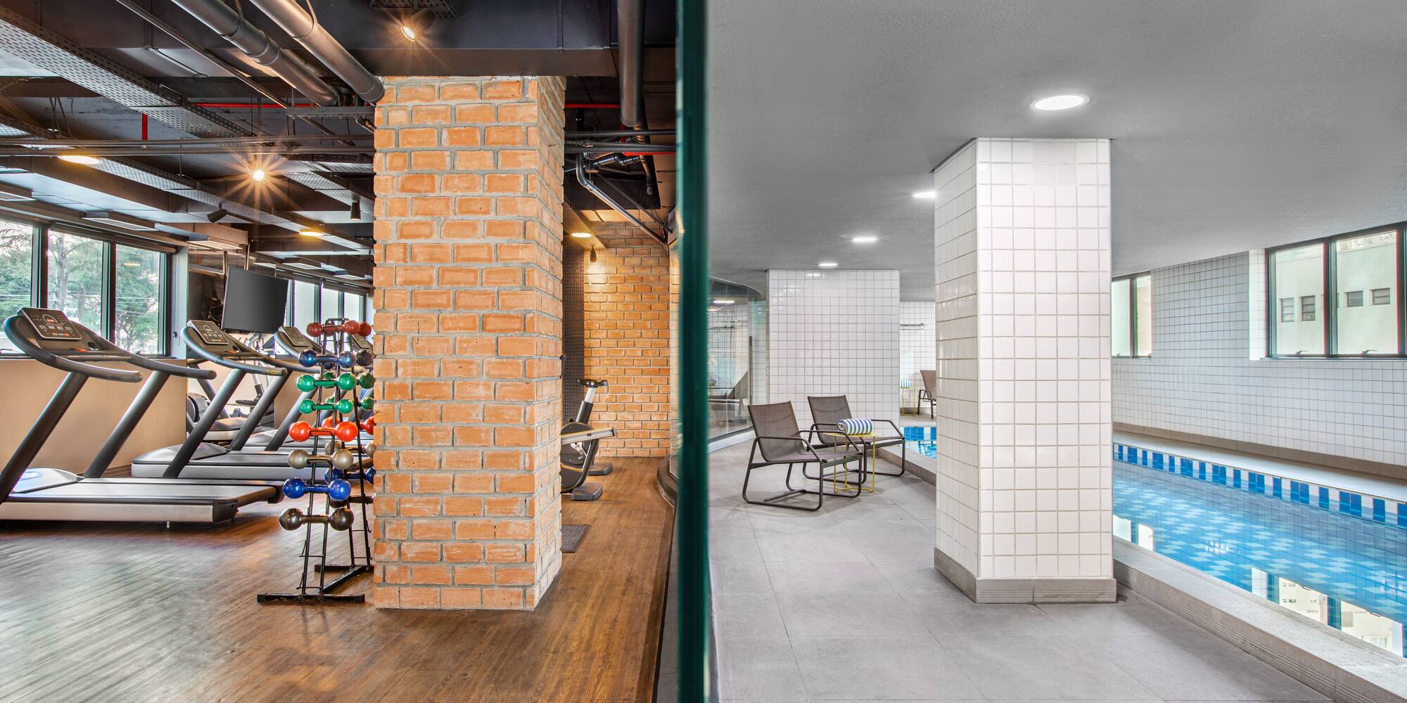 a gym with a pool and exercise equipment