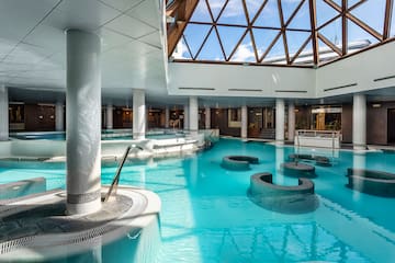 a large indoor pool with a glass roof