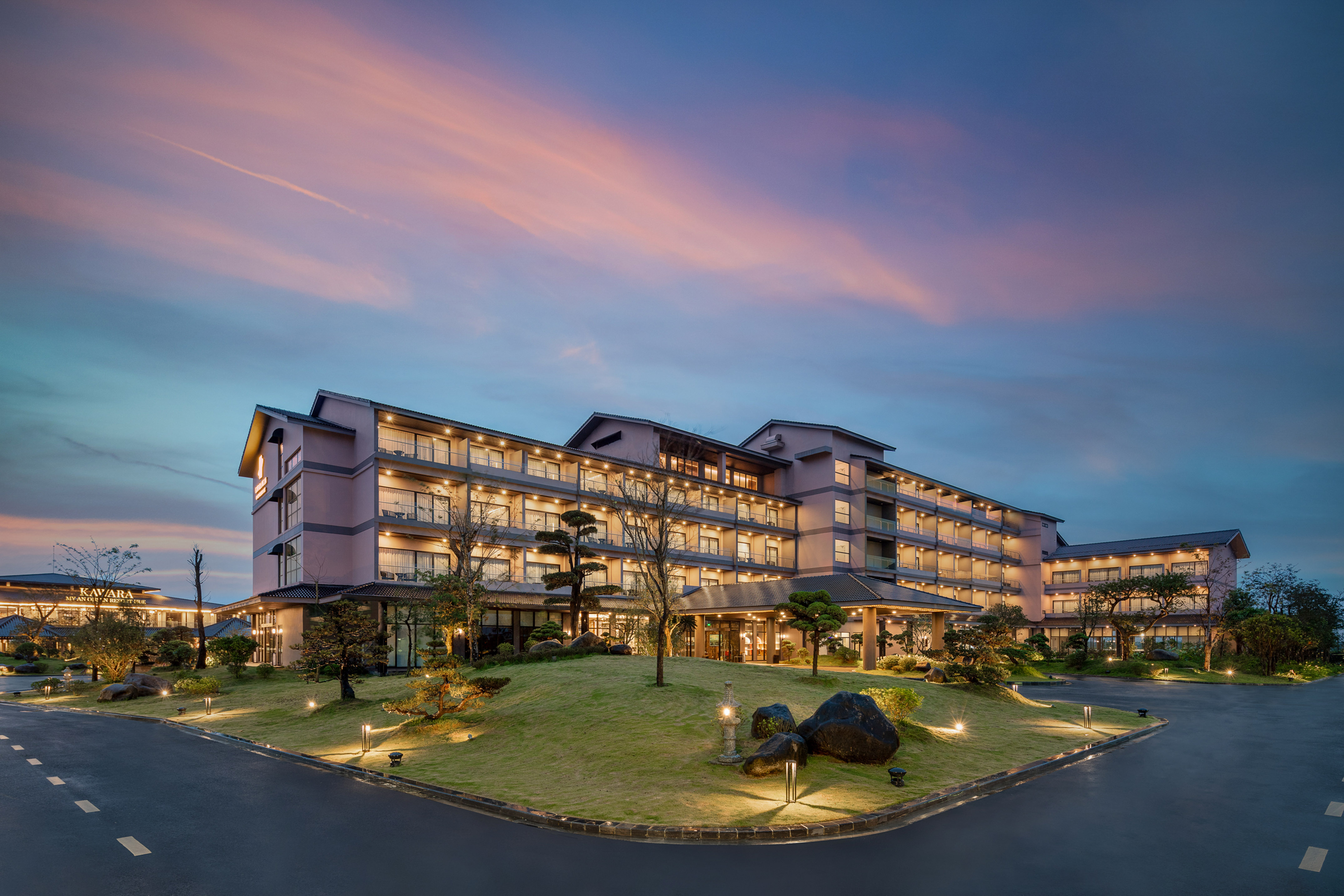 Kavara Resort Hue, Japanese architecture, evening lights, beautiful sunset sky.