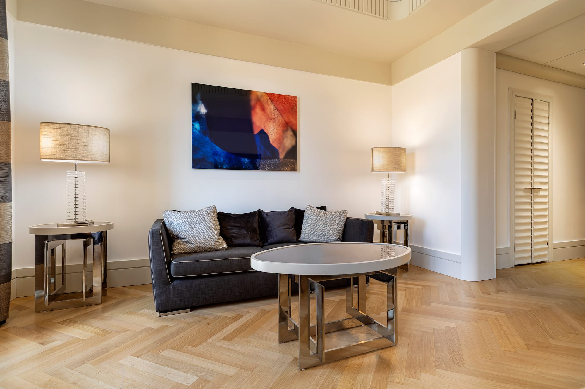 a living room with a couch and a table