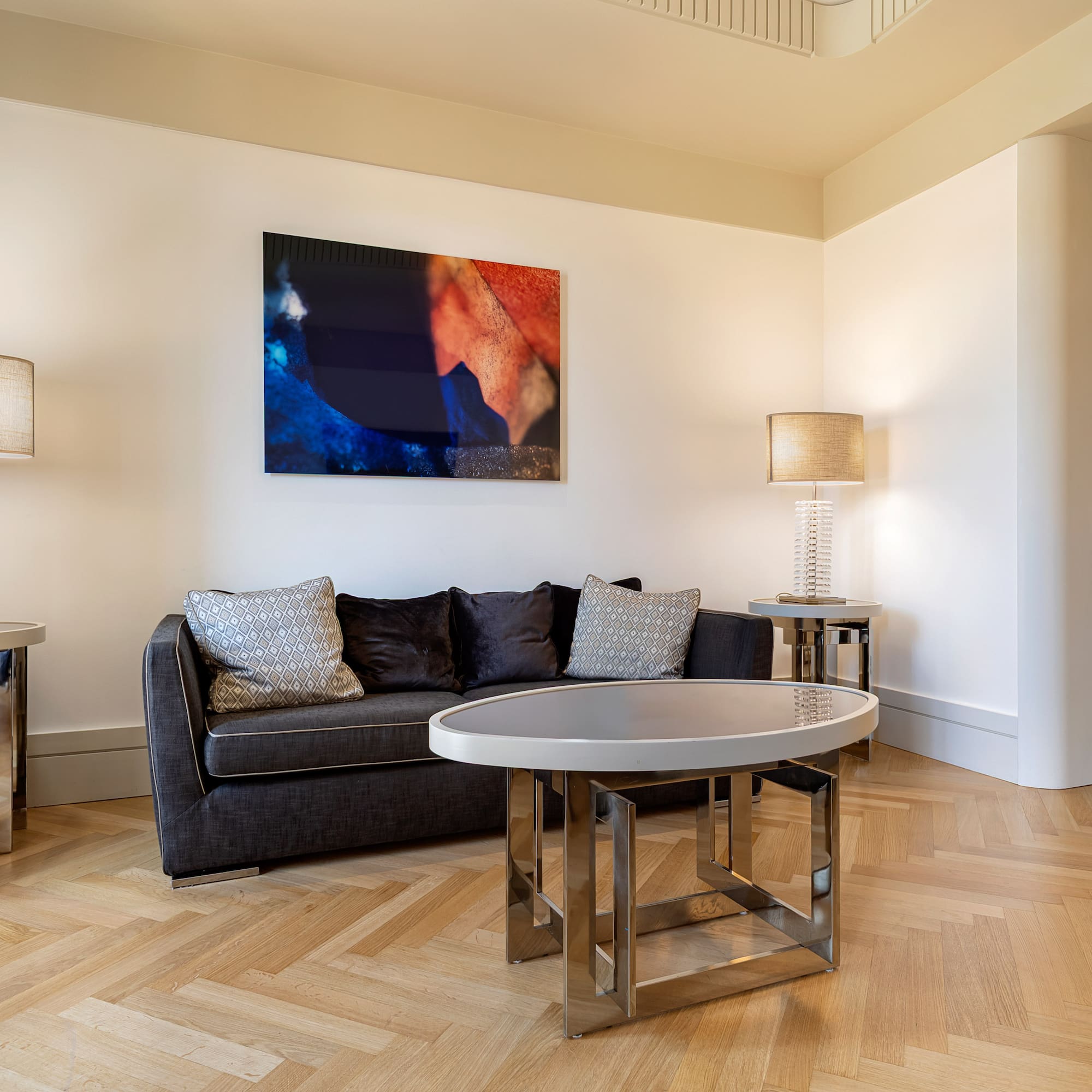 a living room with a couch and a table
