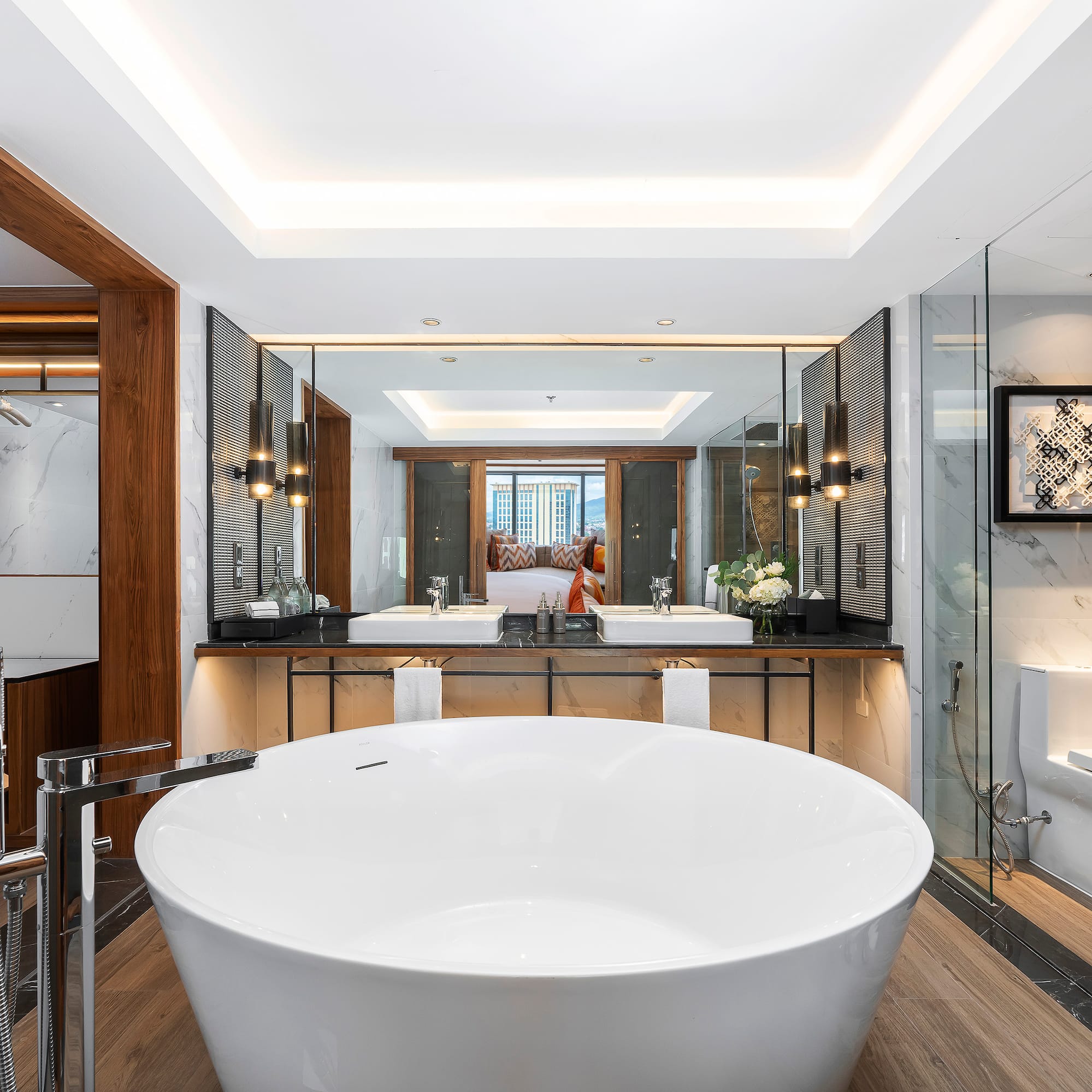 a large white tub in a bathroom