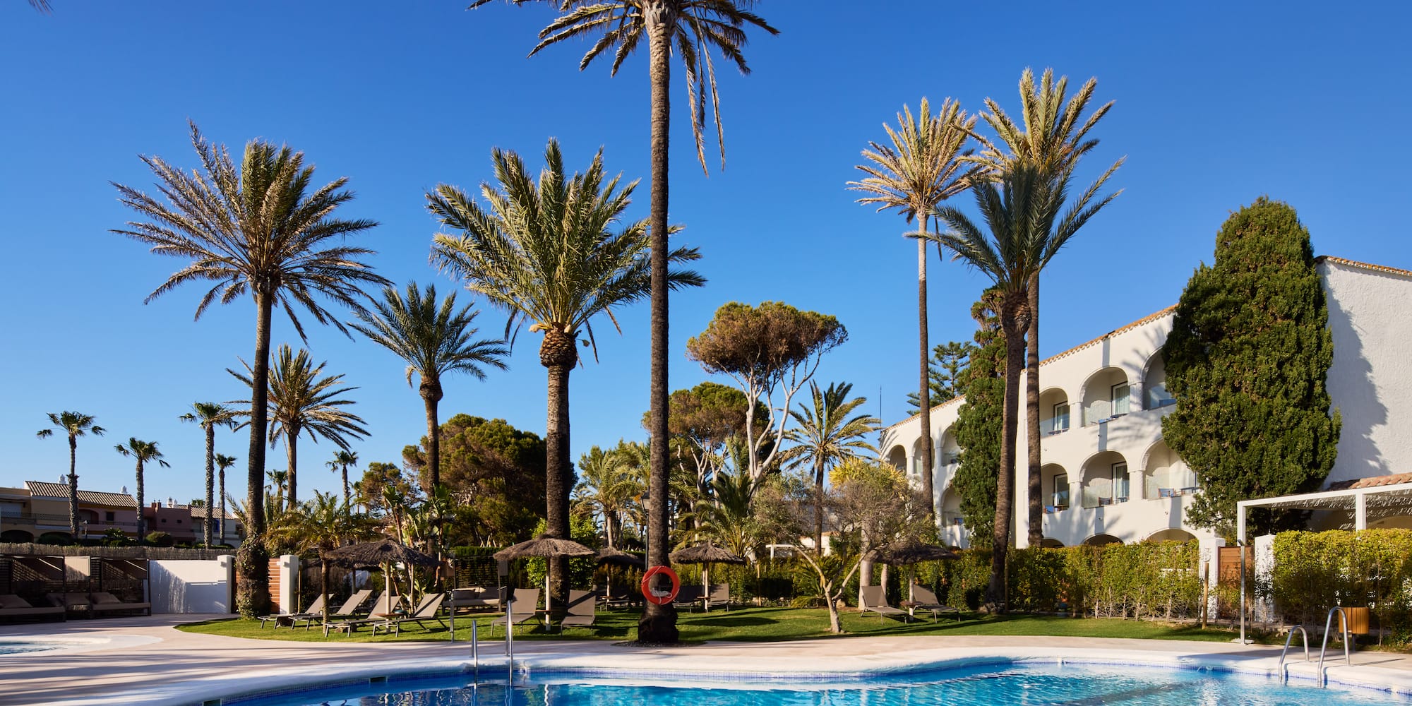 a pool with palm trees and a building in the background