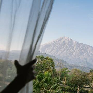 a person's hand reaching out to a window with a mountain in the background