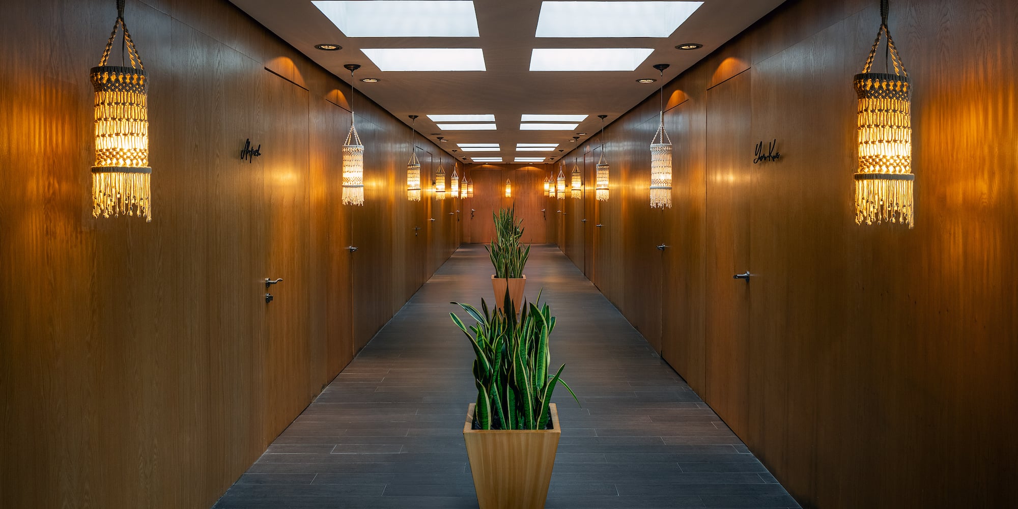 a long hallway with plants in pots