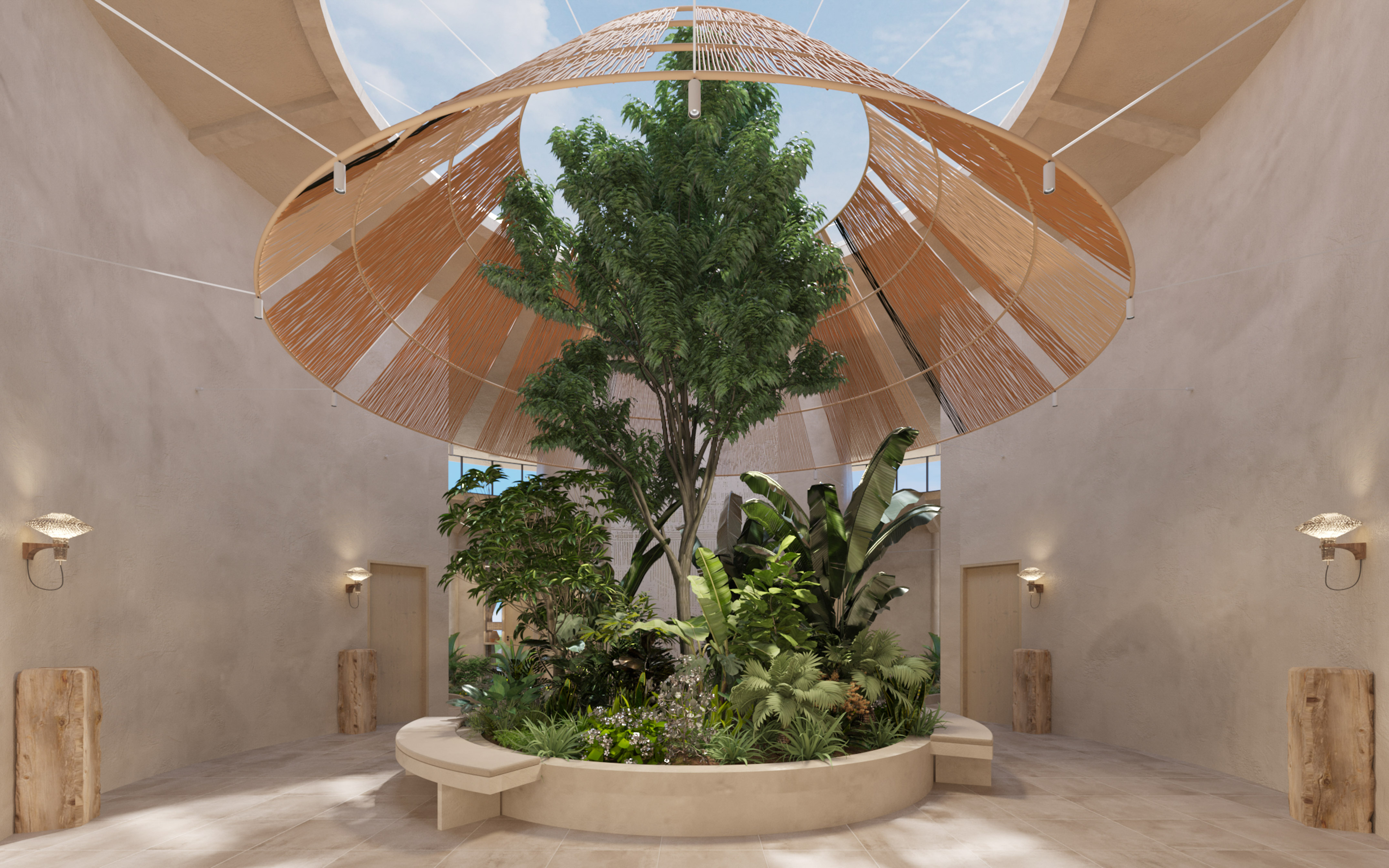 Biophilic atrium with central tree, lush indoor garden, and woven skylight canopy.
