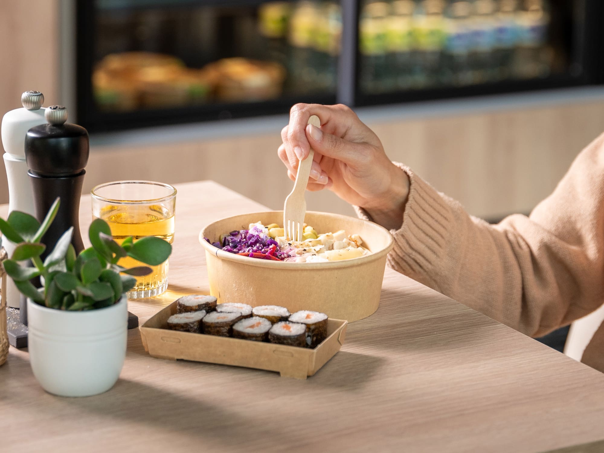 a person eating a salad.