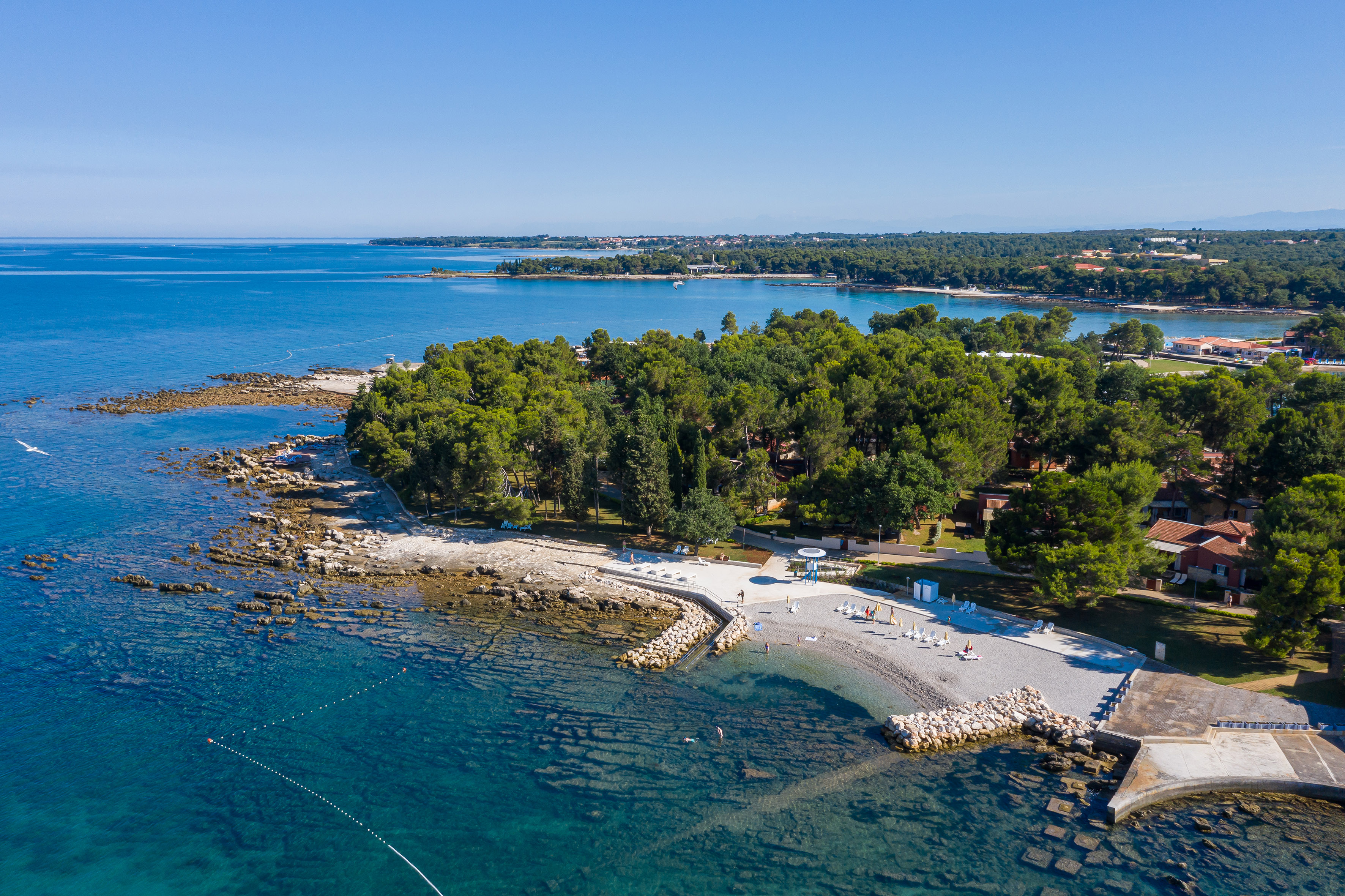a beach with trees and rocks in the water