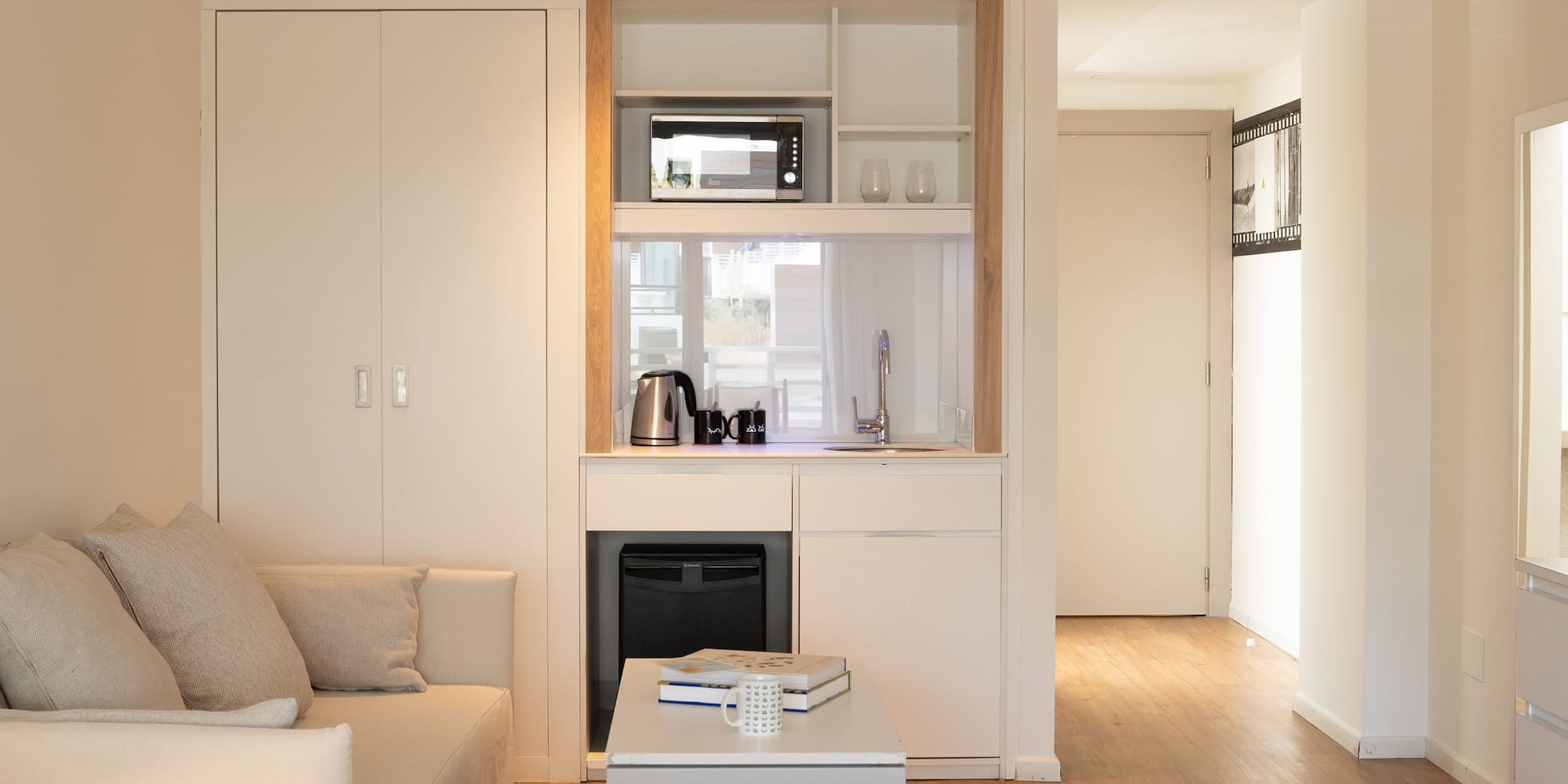 a living room with a couch and a coffee table
