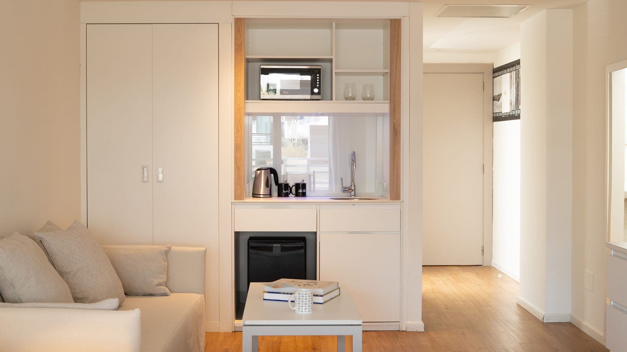 a living room with a couch and a coffee table