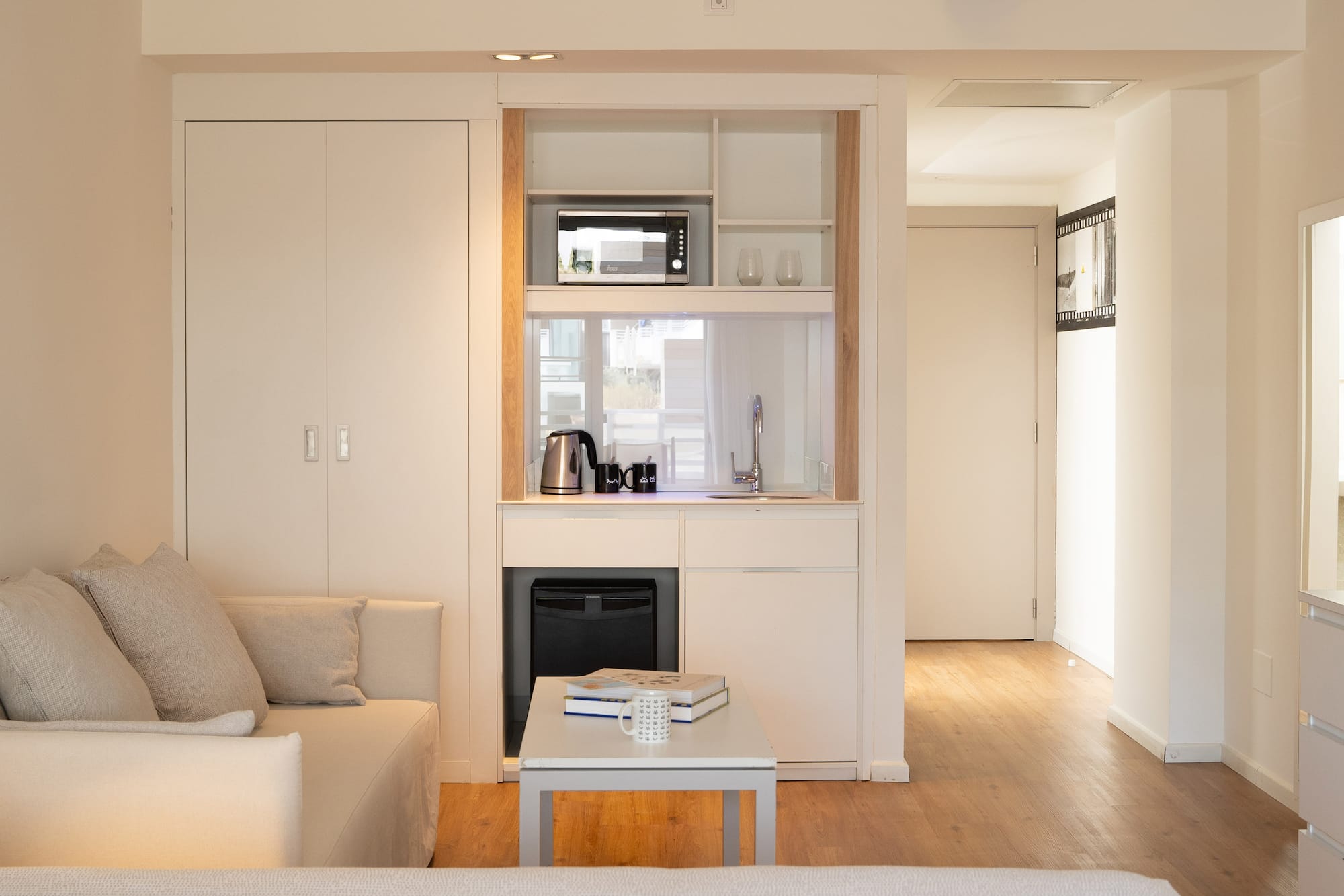 a living room with a couch and a coffee table